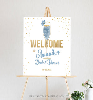 Editable Brunch and Bubbly Welcome Sign Bridal Shower Floral Champagne Gold Blue Wedding Shower Welcome Sign Digital Corjl Template 0150
