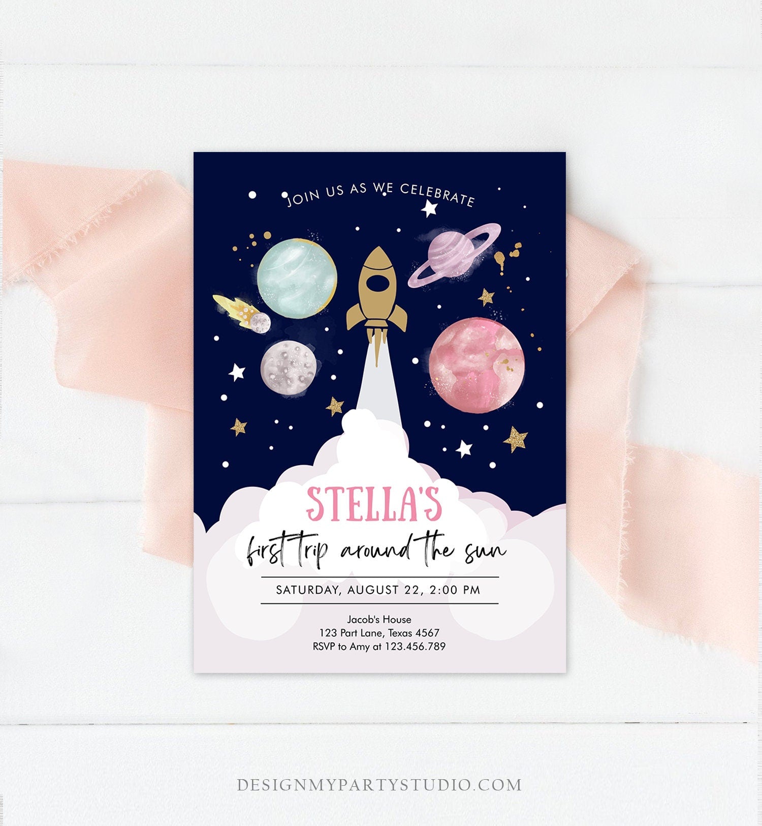 Editable Outer Space Girl First Birthday Invitation Galaxy Blast Off First Trip Around the Sun Pink Digital Evite Template Printable 0357