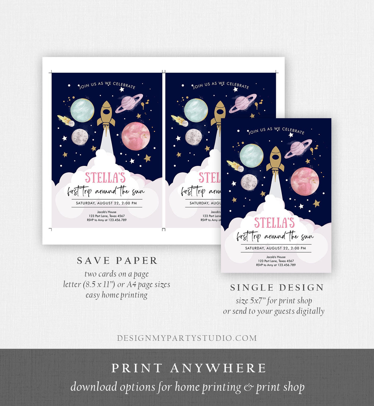 Editable Outer Space Girl First Birthday Invitation Galaxy Blast Off First Trip Around the Sun Pink Digital Evite Template Printable 0357