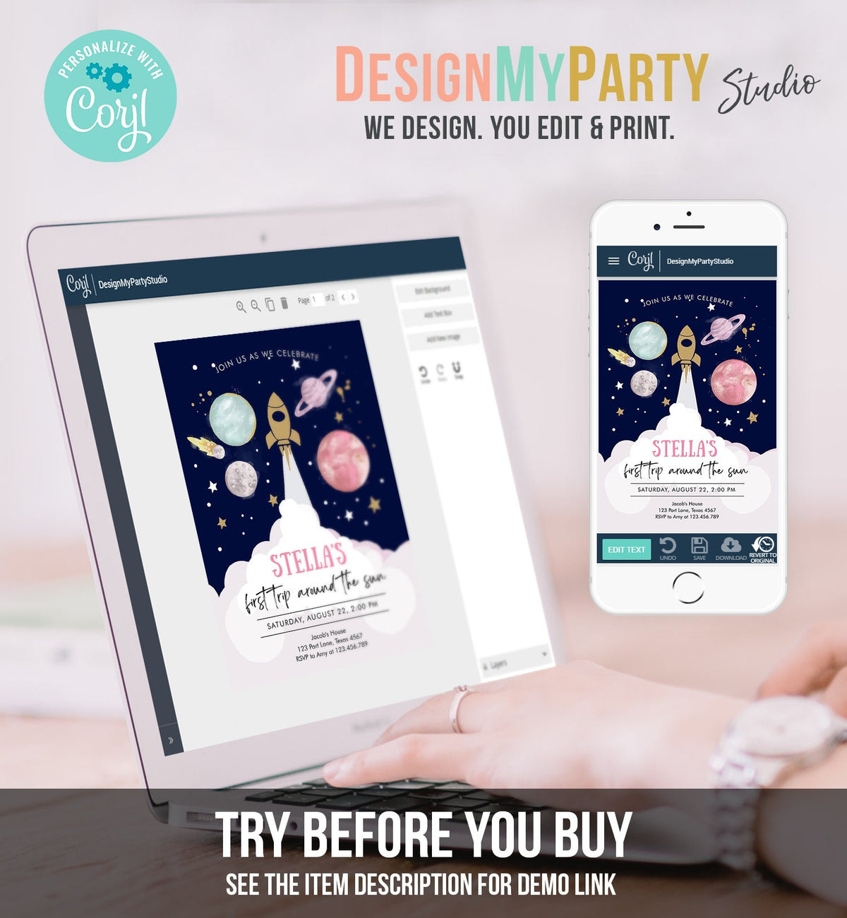 Editable Outer Space Girl First Birthday Invitation Galaxy Blast Off First Trip Around the Sun Pink Digital Evite Template Printable 0357