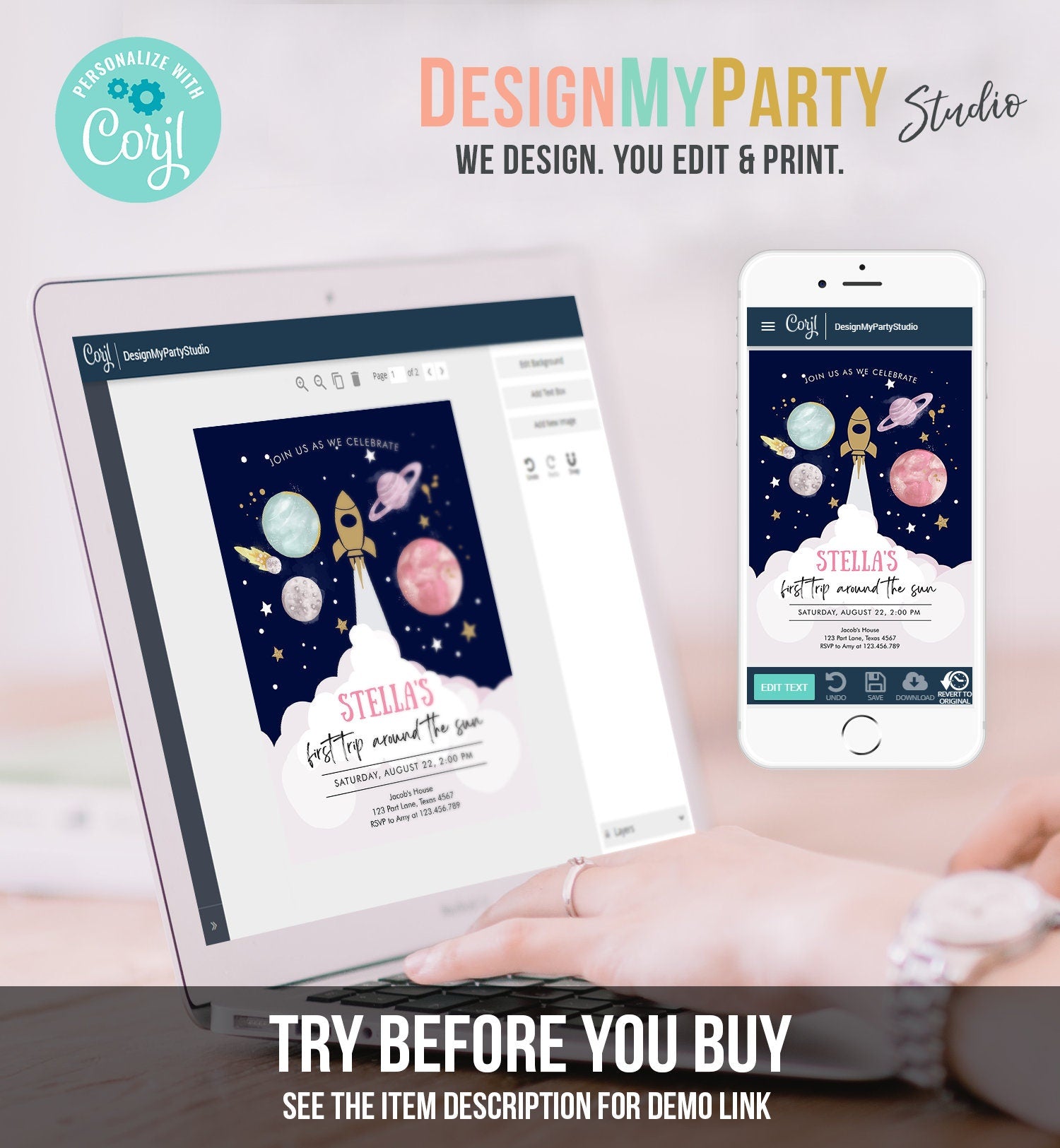 Editable Outer Space Girl First Birthday Invitation Galaxy Blast Off First Trip Around the Sun Pink Digital Evite Template Printable 0357