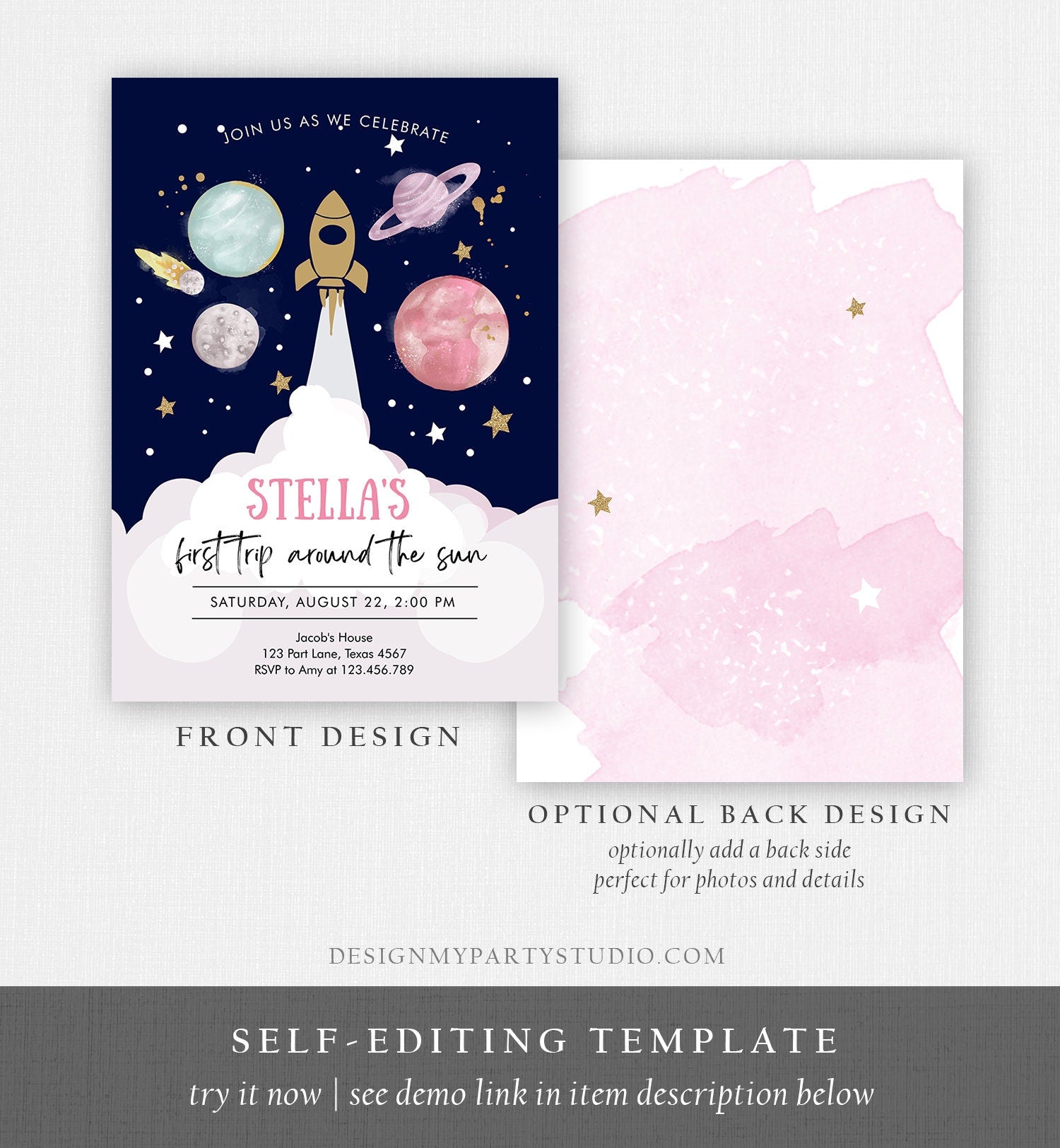 Editable Outer Space Girl First Birthday Invitation Galaxy Blast Off First Trip Around the Sun Pink Digital Evite Template Printable 0357