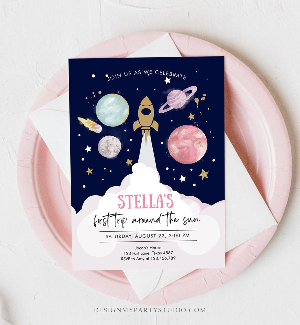 Editable Outer Space Girl First Birthday Invitation Galaxy Blast Off First Trip Around the Sun Pink Digital Evite Template Printable 0357