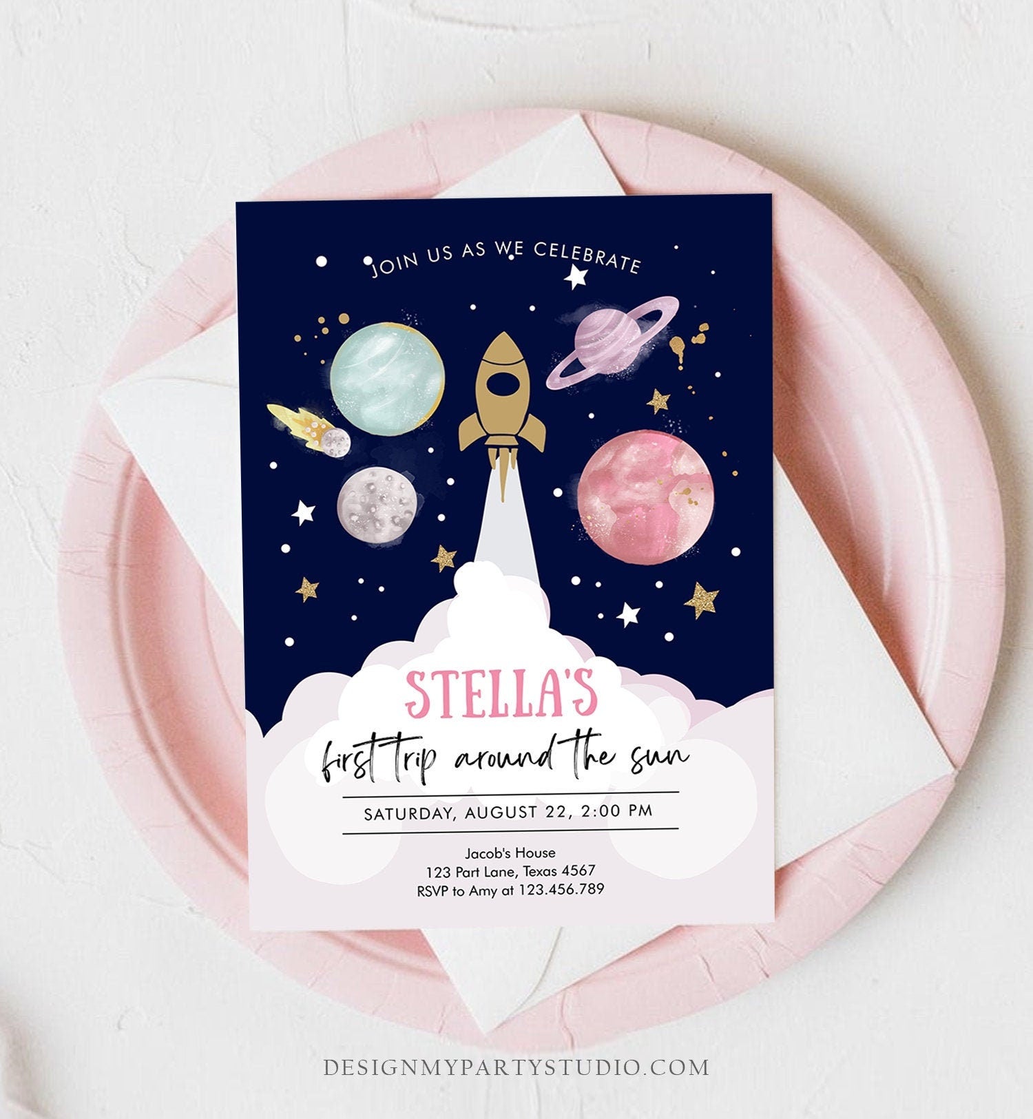 Editable Outer Space Girl First Birthday Invitation Galaxy Blast Off First Trip Around the Sun Pink Digital Evite Template Printable 0357