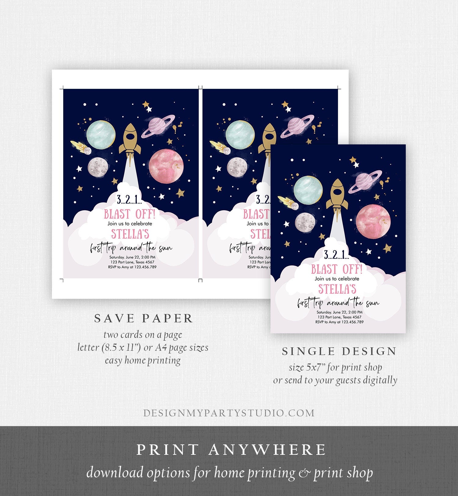 Editable Outer Space Girl First Birthday Invitation Galaxy Blast Off First Trip Around the Sun Pink Digital Evite Template Printable 0357