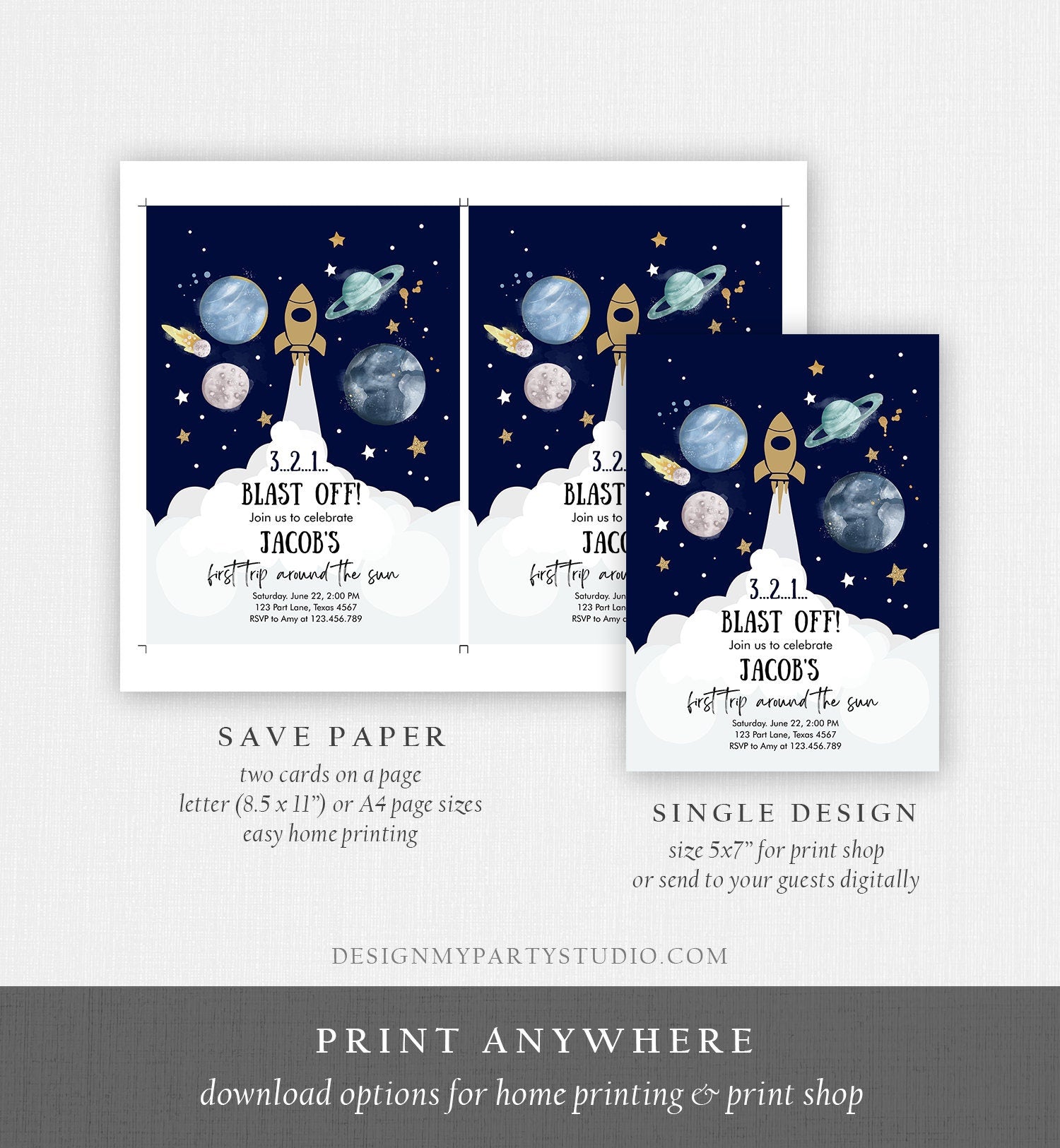 Editable Outer Space First Birthday Invitation Galaxy Blast Off First Trip Around the Sun Digital Download Evite Template Printable 0357