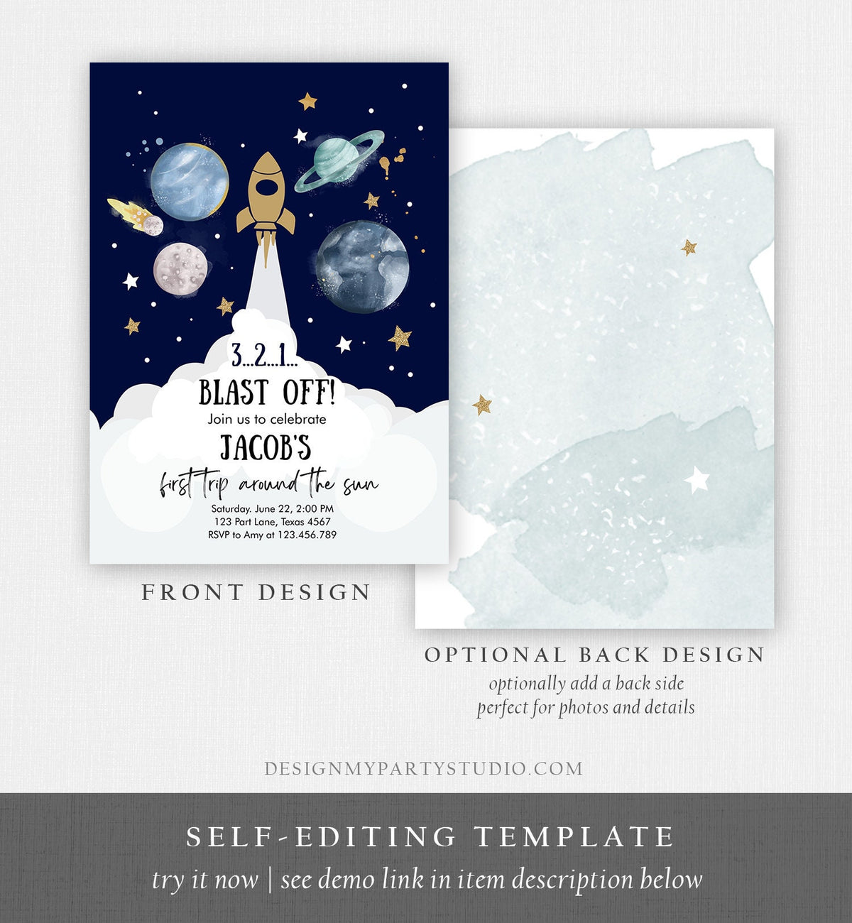 Editable Outer Space First Birthday Invitation Galaxy Blast Off First Trip Around the Sun Digital Download Evite Template Printable 0357