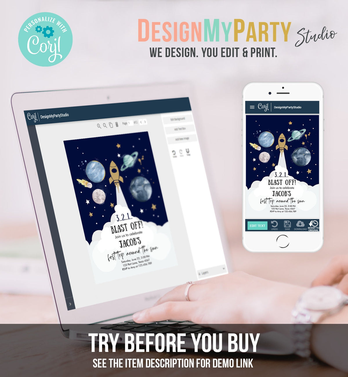 Editable Outer Space First Birthday Invitation Galaxy Blast Off First Trip Around the Sun Digital Download Evite Template Printable 0357