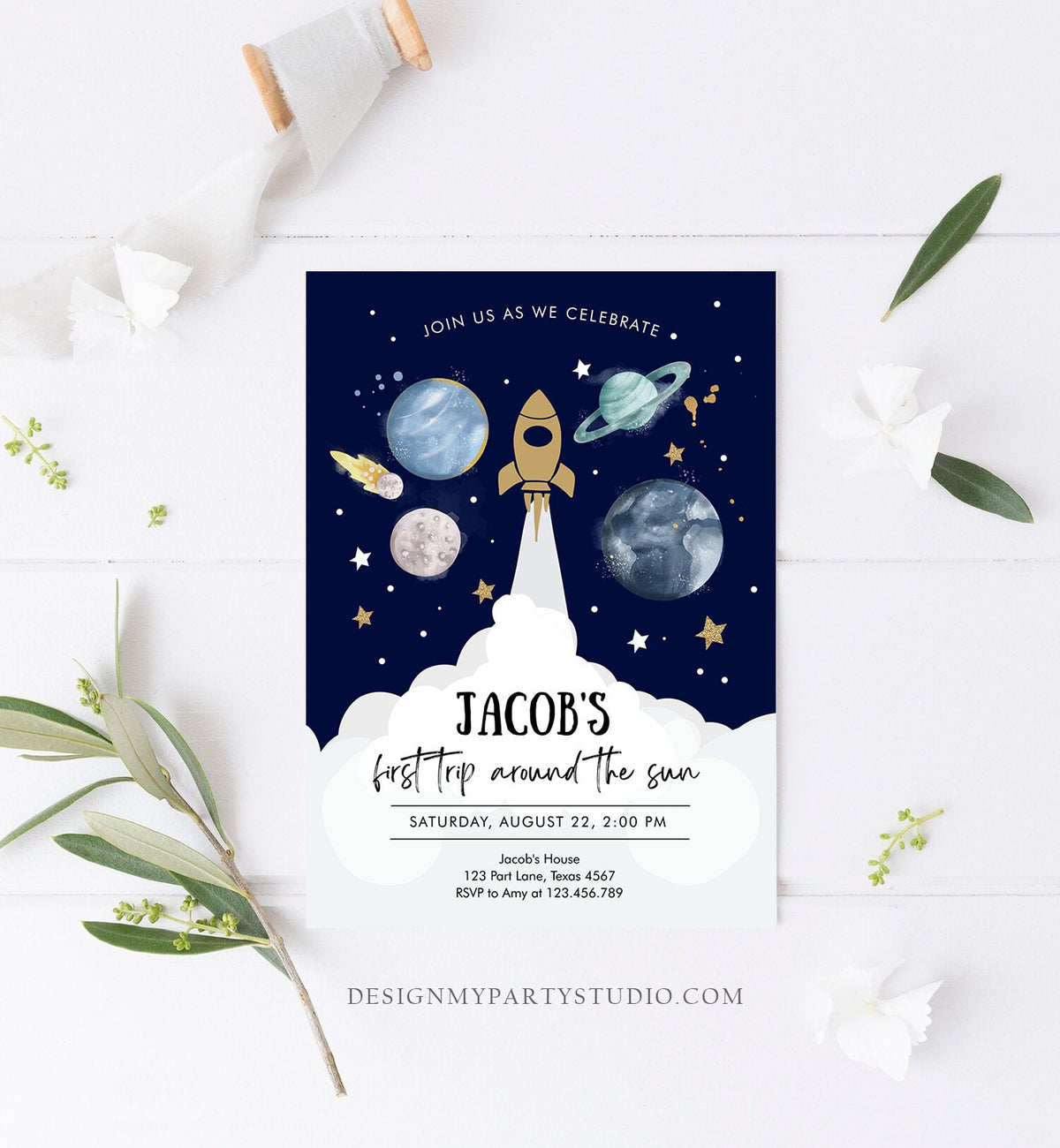 Editable Outer Space First Birthday Invitation Galaxy Blast Off First Trip Around the Sun Digital Download Evite Template Printable 0357
