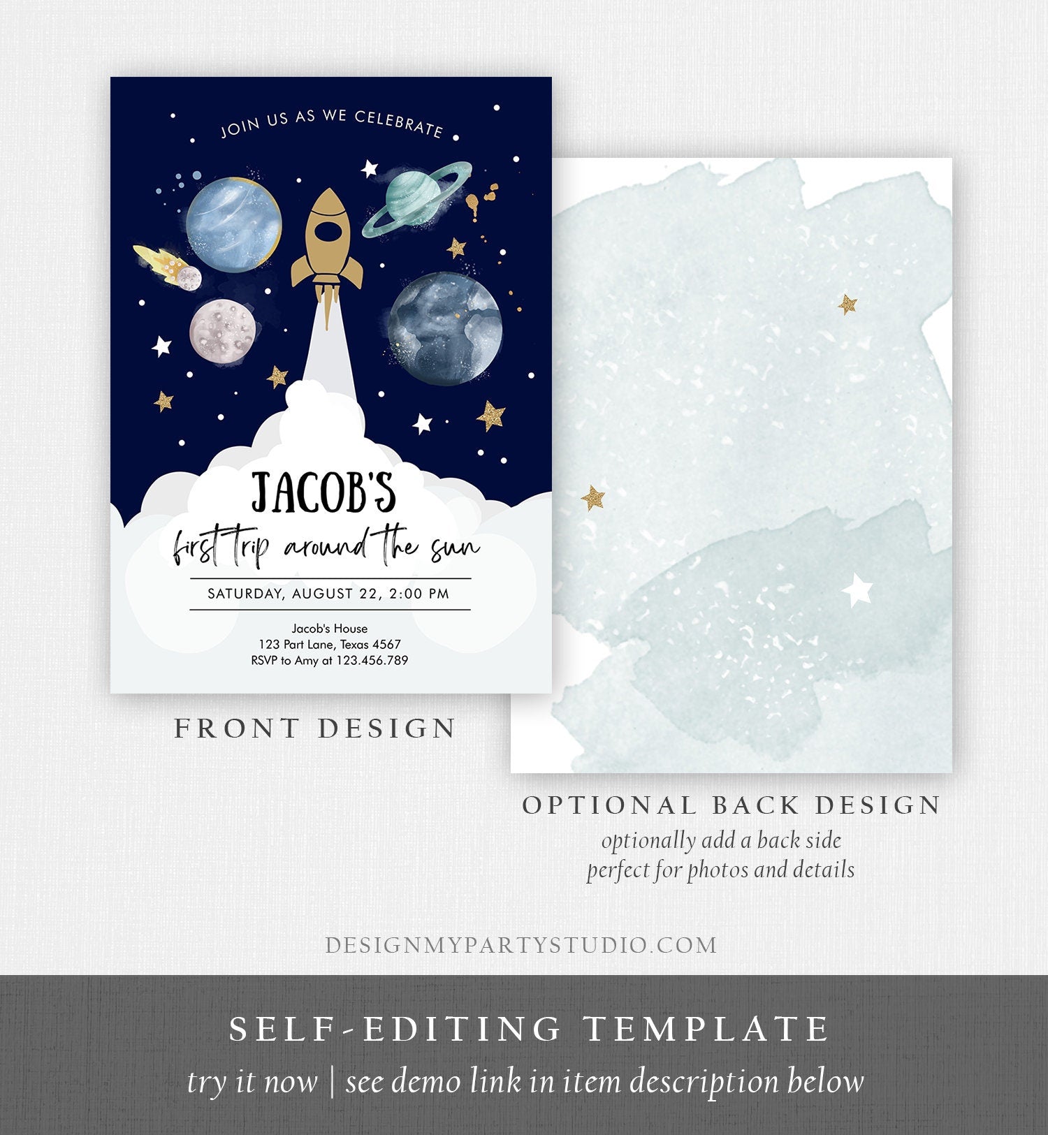 Editable Outer Space First Birthday Invitation Galaxy Blast Off First Trip Around the Sun Digital Download Evite Template Printable 0357