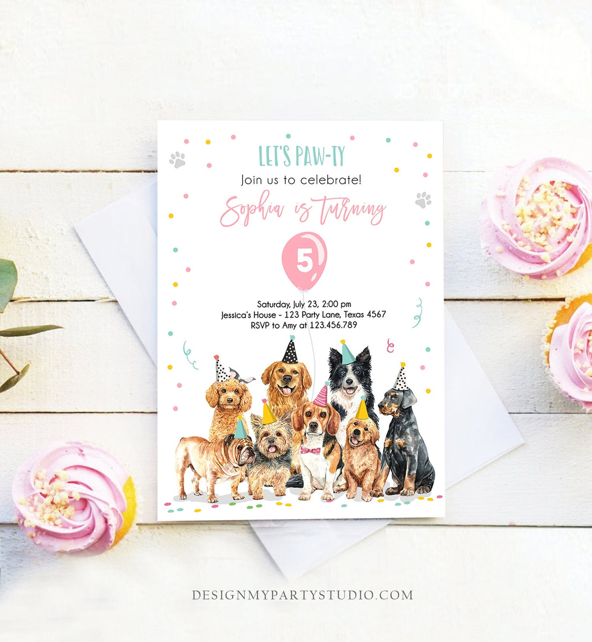 Editable Puppy Birthday Invitation Dogs Birthday Party Invite Pink Girl Let&#39;s Pawty Dog Party Animals Download Printable Template Evite 0384