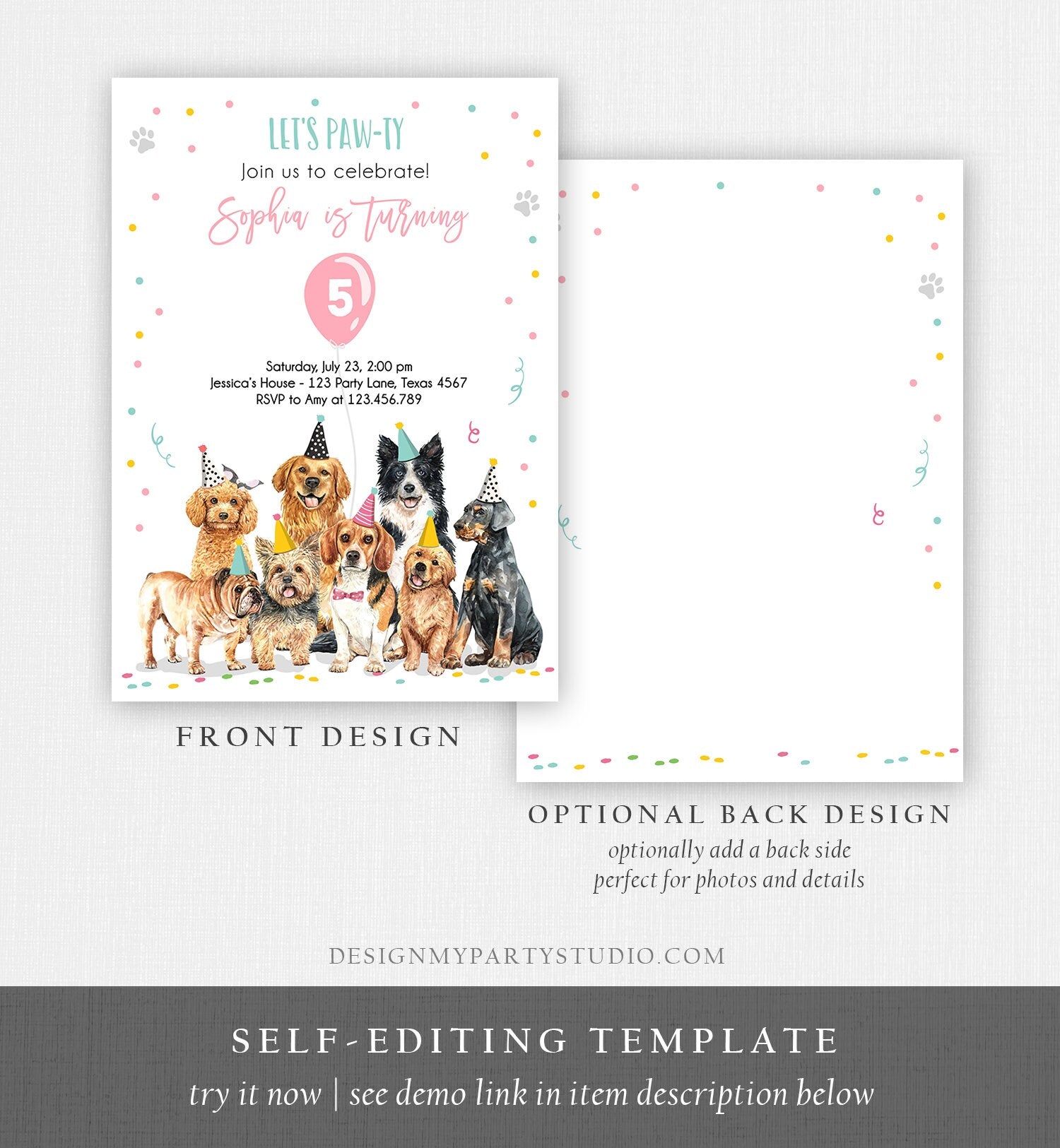 Editable Puppy Birthday Invitation Dogs Birthday Party Invite Pink Girl Let's Pawty Dog Party Animals Download Printable Template Evite 0384