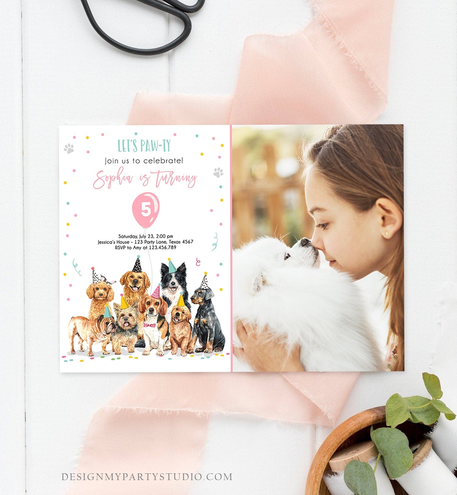 Editable Puppy Birthday Invitation Dogs Birthday Party Invite Pink Girl Watercolor Let's Pawty Dog Digital Download Template Printable 0384