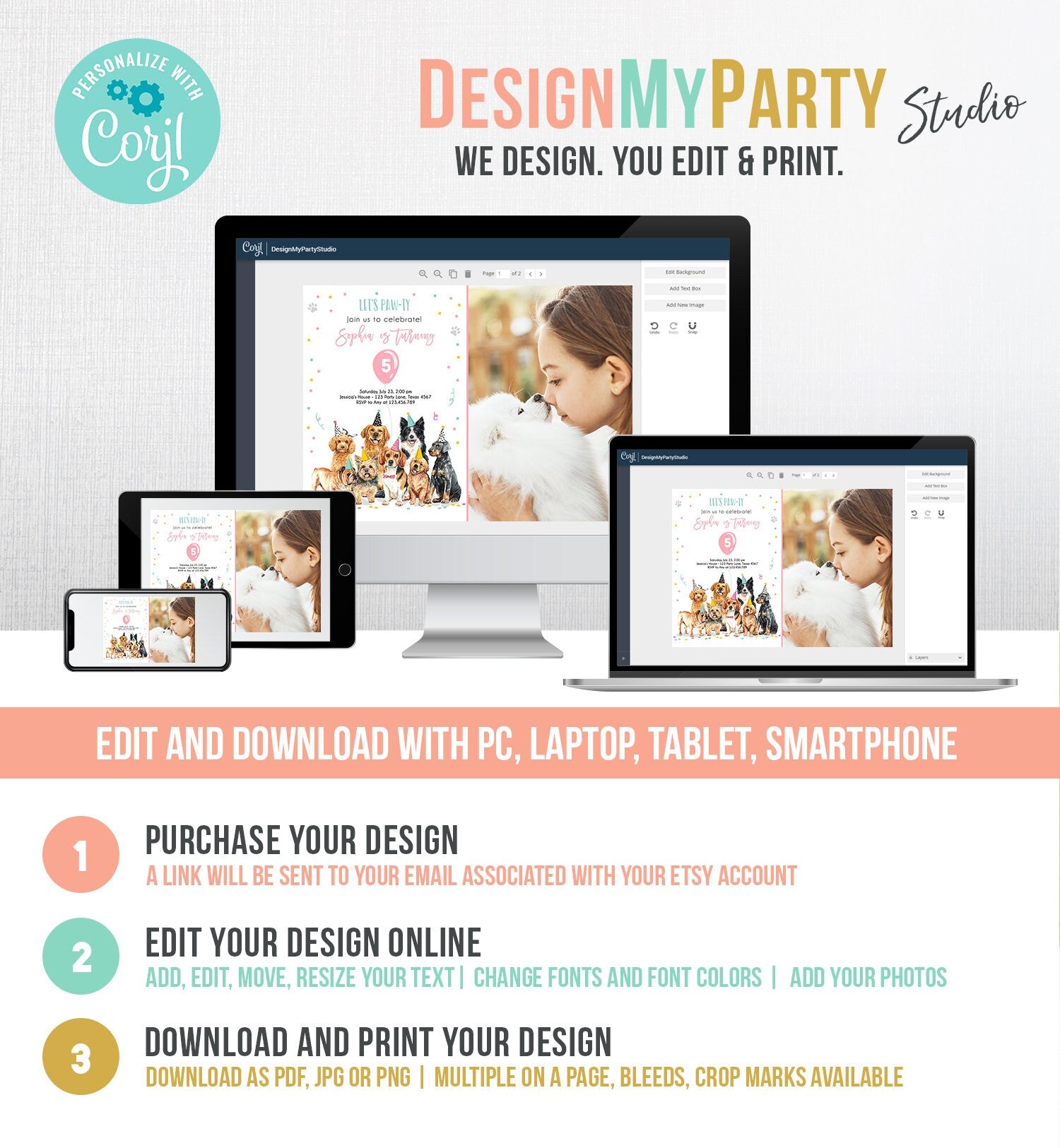 Editable Puppy Birthday Invitation Dogs Birthday Party Invite Pink Girl Watercolor Let's Pawty Dog Digital Download Template Printable 0384