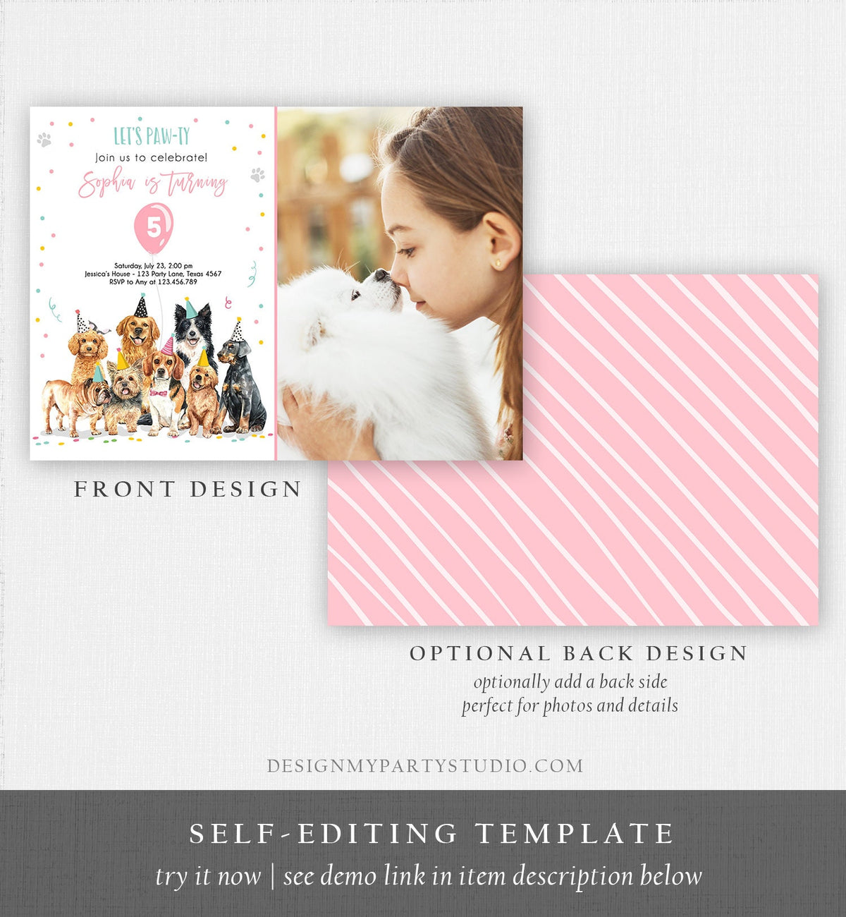 Editable Puppy Birthday Invitation Dogs Birthday Party Invite Pink Girl Watercolor Let&#39;s Pawty Dog Digital Download Template Printable 0384