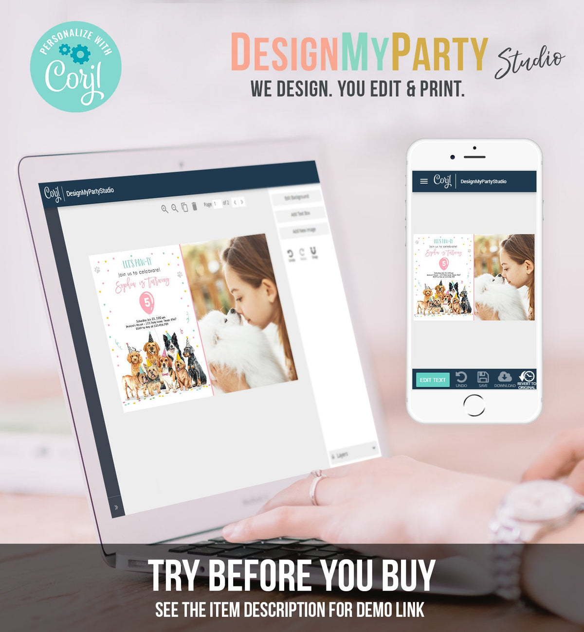 Editable Puppy Birthday Invitation Dogs Birthday Party Invite Pink Girl Watercolor Let&#39;s Pawty Dog Digital Download Template Printable 0384