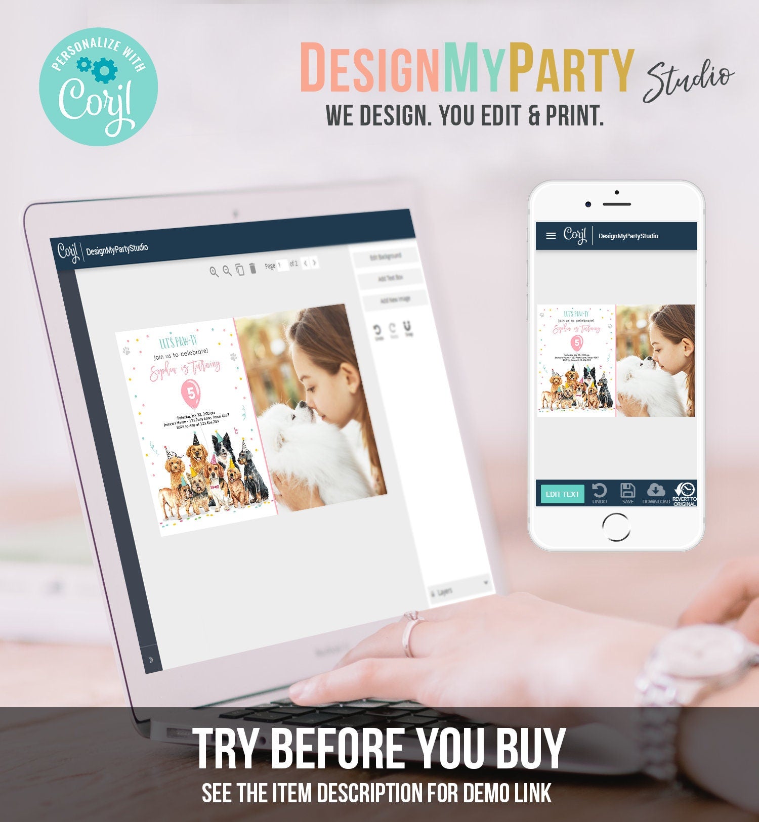 Editable Puppy Birthday Invitation Dogs Birthday Party Invite Pink Girl Watercolor Let's Pawty Dog Digital Download Template Printable 0384