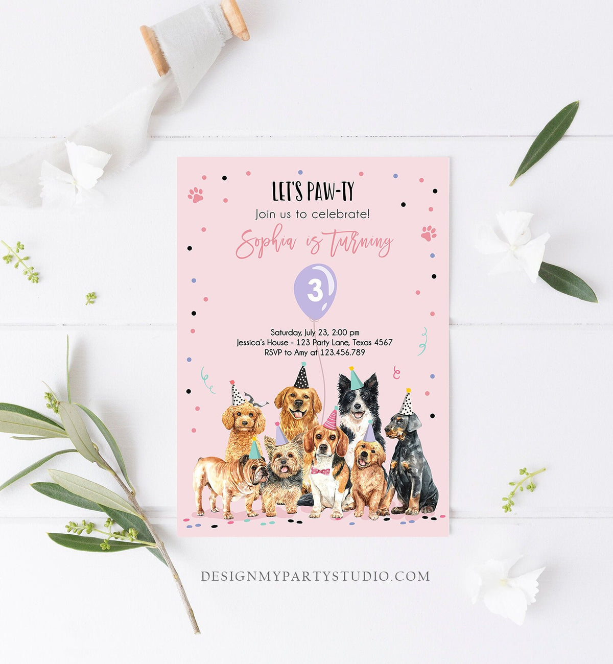 Editable Puppy Birthday Invitation Dogs Birthday Party Invite Pink Girl Watercolor Let&#39;s Pawty Dog Digital Download Template Printable 0384