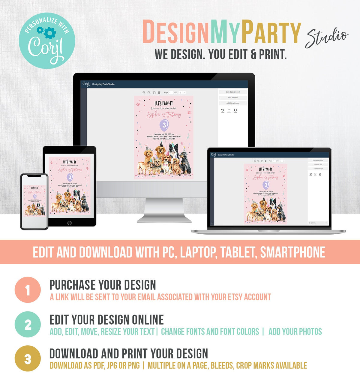 Editable Puppy Birthday Invitation Dogs Birthday Party Invite Pink Girl Watercolor Let&#39;s Pawty Dog Digital Download Template Printable 0384