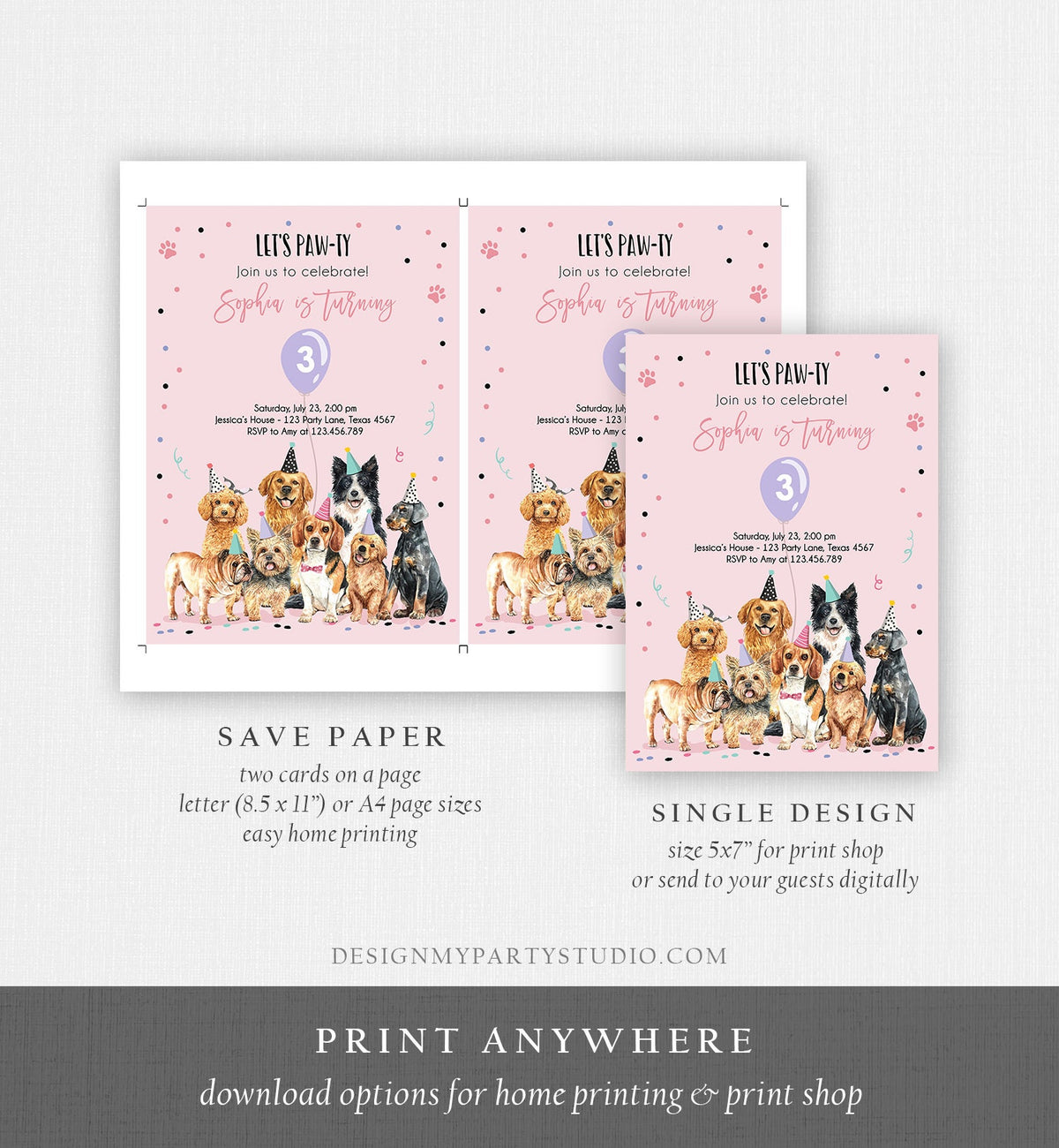 Editable Puppy Birthday Invitation Dogs Birthday Party Invite Pink Girl Watercolor Let&#39;s Pawty Dog Digital Download Template Printable 0384