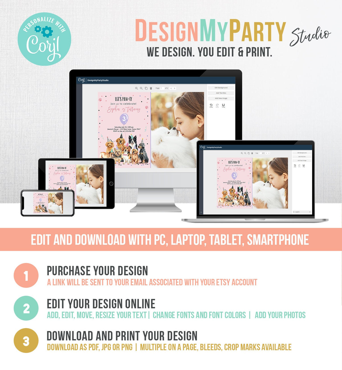 Editable Puppy Birthday Invitation Dogs Birthday Party Invite Pink Girl Watercolor Let&#39;s Pawty Dog Digital Download Template Printable 0384