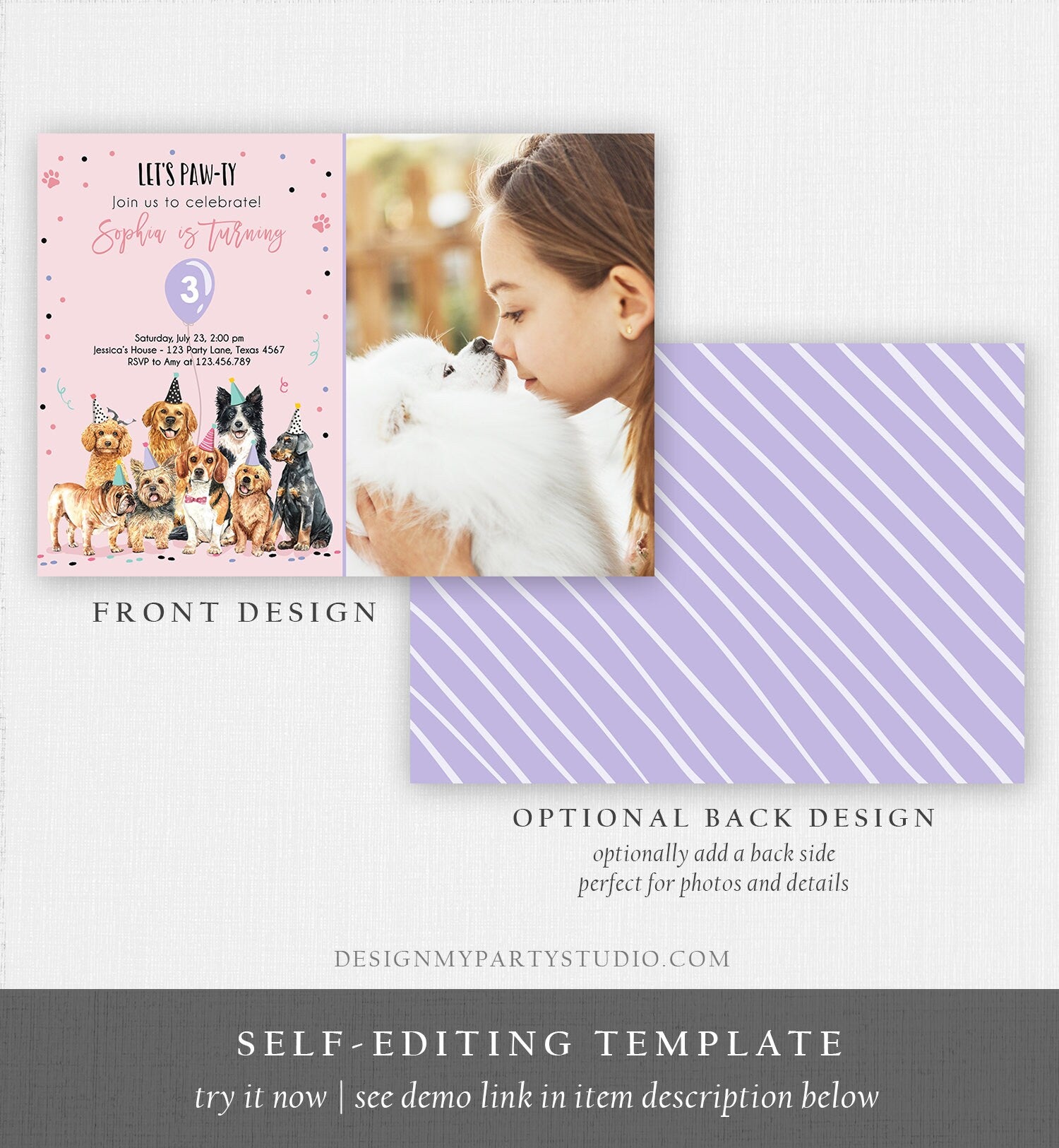 Editable Puppy Birthday Invitation Dogs Birthday Party Invite Pink Girl Watercolor Let's Pawty Dog Digital Download Template Printable 0384