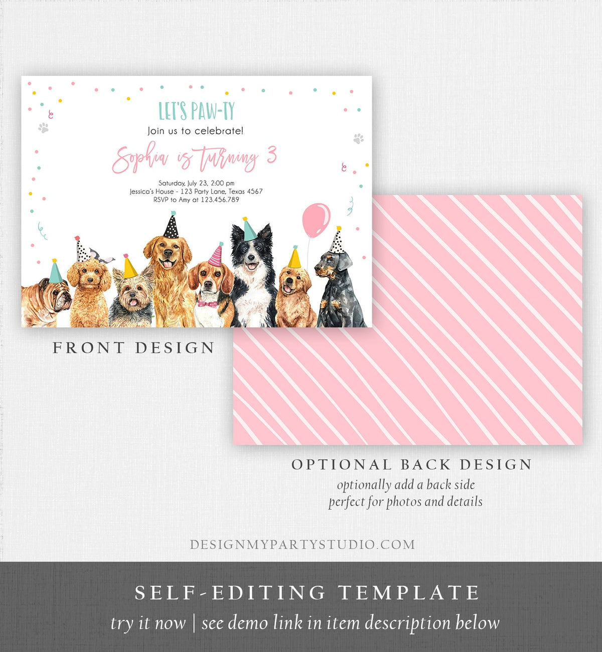Editable Puppy Birthday Invitation Dogs Birthday Party Invite Pink Girl Let&#39;s Pawty Dog Digital Download Evite Template Printable 0384