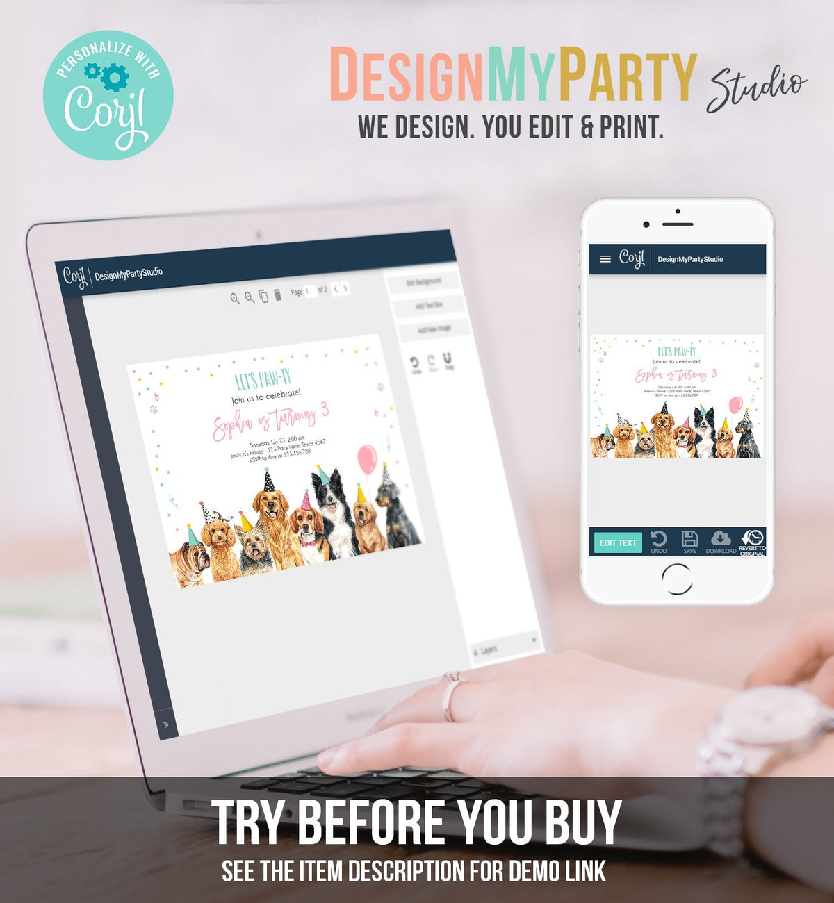 Editable Puppy Birthday Invitation Dogs Birthday Party Invite Pink Girl Let&#39;s Pawty Dog Digital Download Evite Template Printable 0384