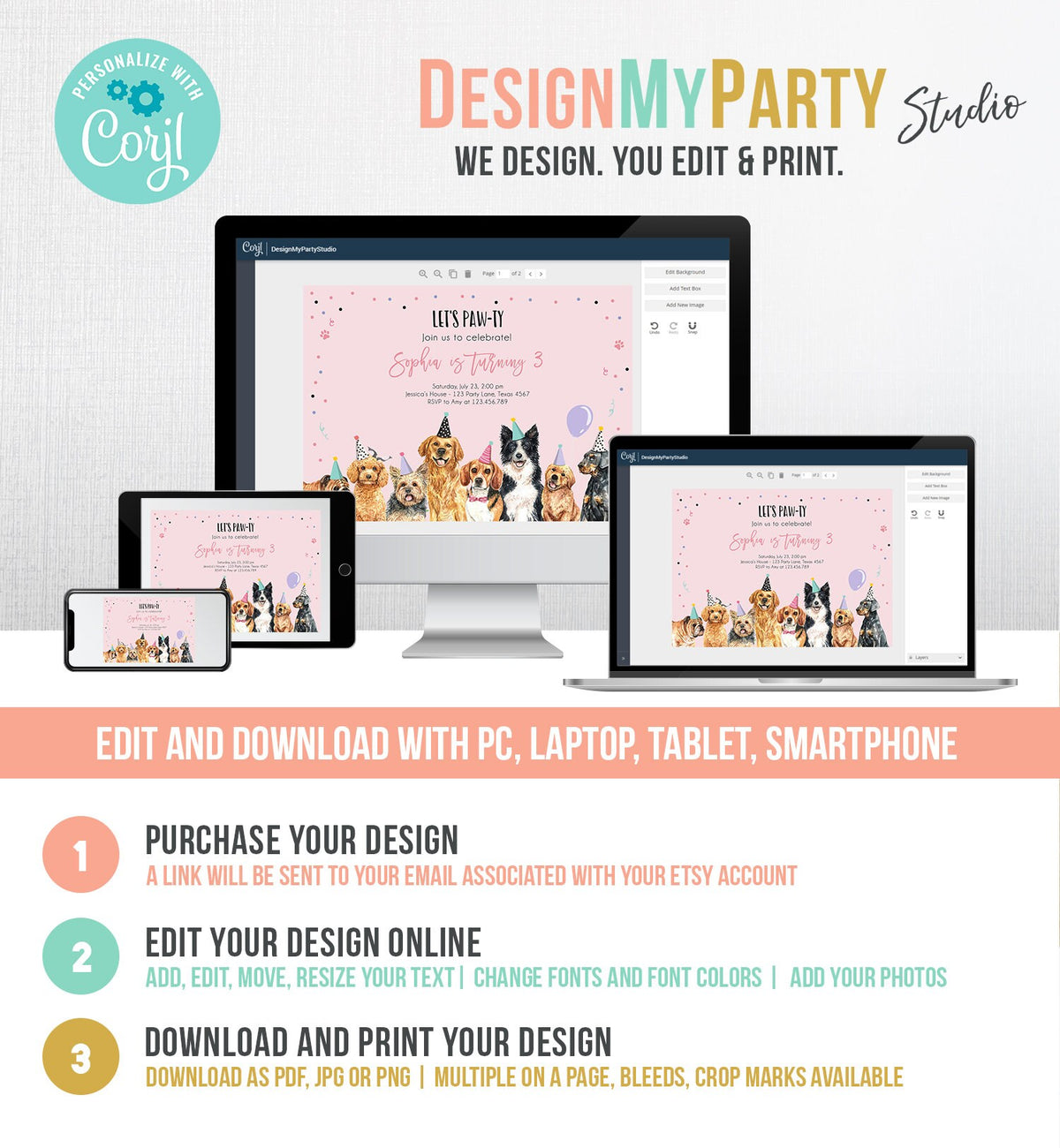 Editable Puppy Birthday Invitation Dogs Birthday Party Invite Pink Girl Watercolor Let&#39;s Pawty Dog Digital Download Template Printable 0384