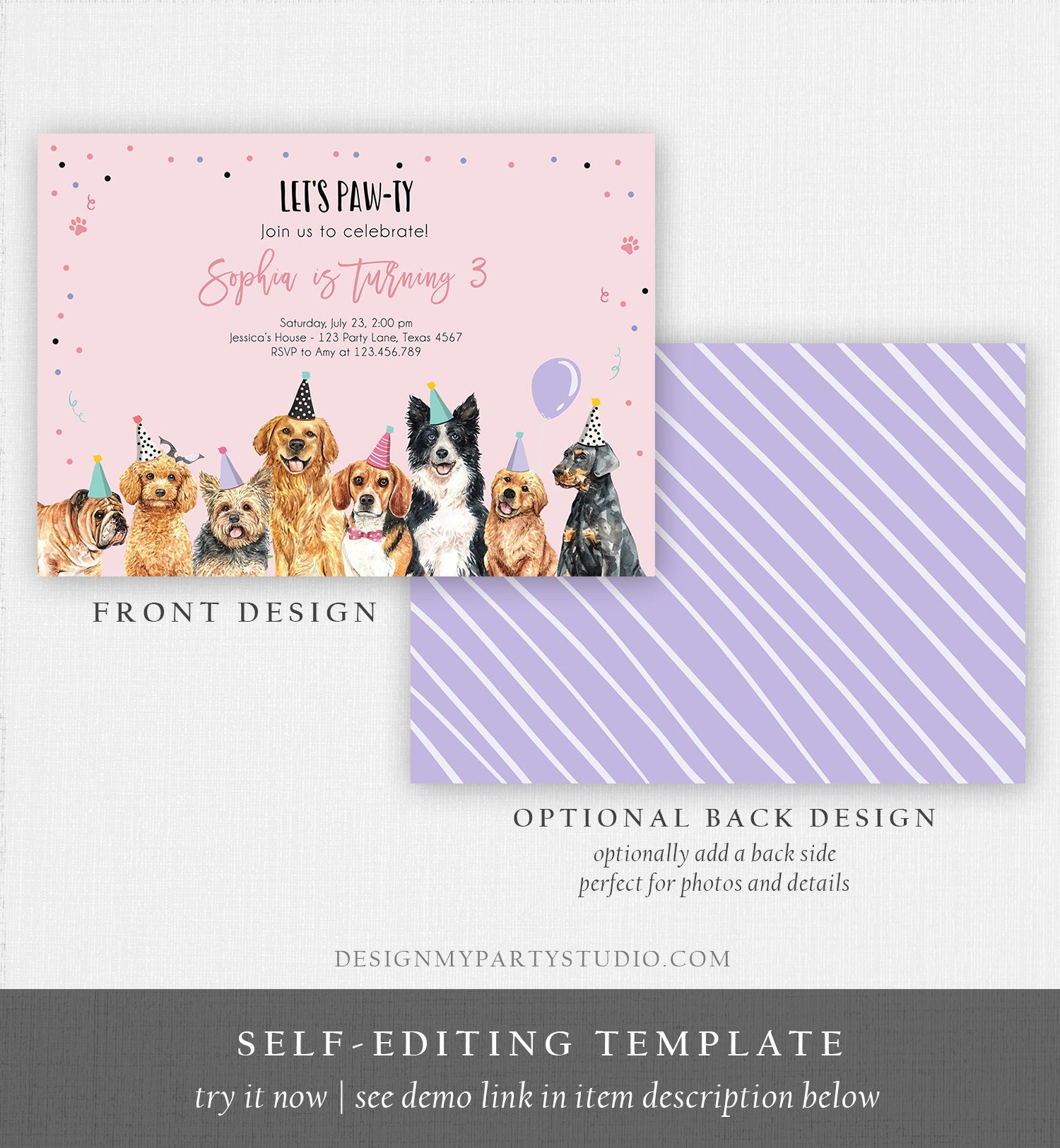 Editable Puppy Birthday Invitation Dogs Birthday Party Invite Pink Girl Watercolor Let's Pawty Dog Digital Download Template Printable 0384