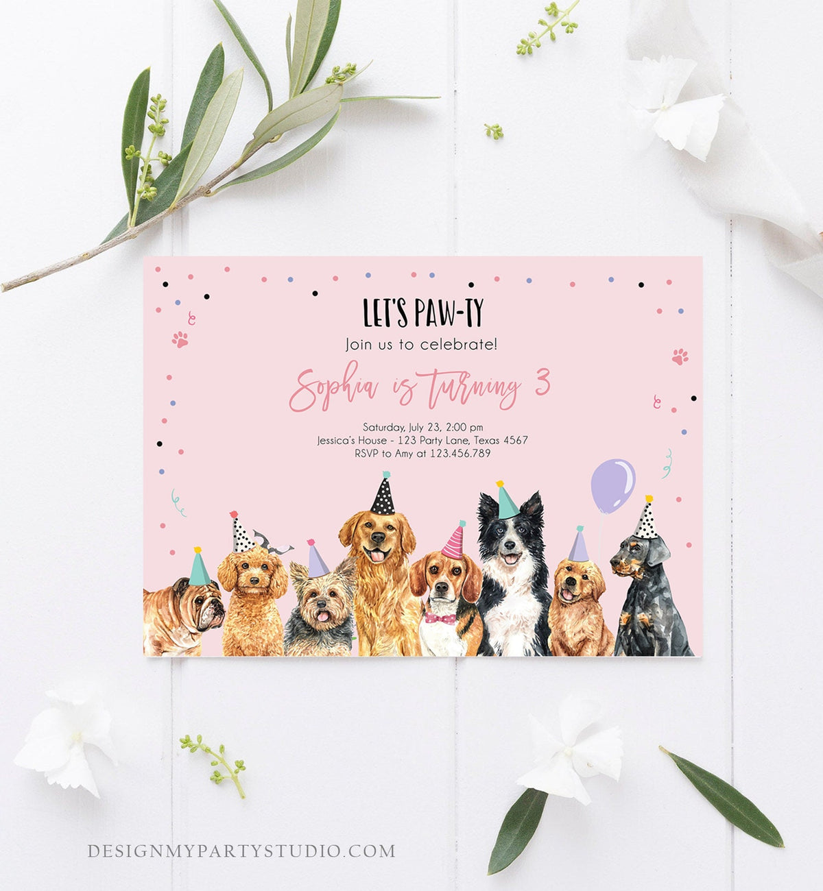 Editable Puppy Birthday Invitation Dogs Birthday Party Invite Pink Girl Watercolor Let&#39;s Pawty Dog Digital Download Template Printable 0384