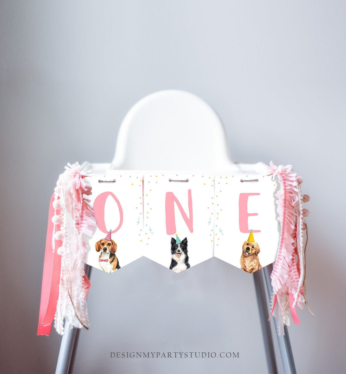 Puppy 1st Birthday High Chair Banner Dog Birthday Party Puppy Birthday Girl Pink ONE Banner Puppy Party Decor Dog PRINTABLE Digital 0384