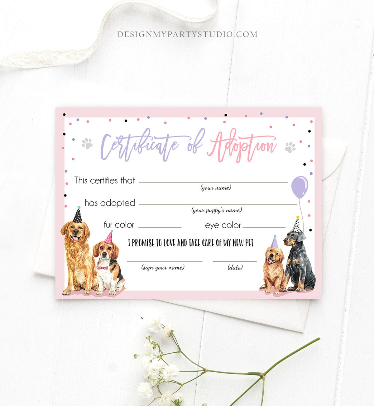 Pet Adoption Certificate Puppy Adoption Dog Birthday Party Adopt A Pet Girl Pink Vet Puppy Adoption Instant Download Digital Printable 0384