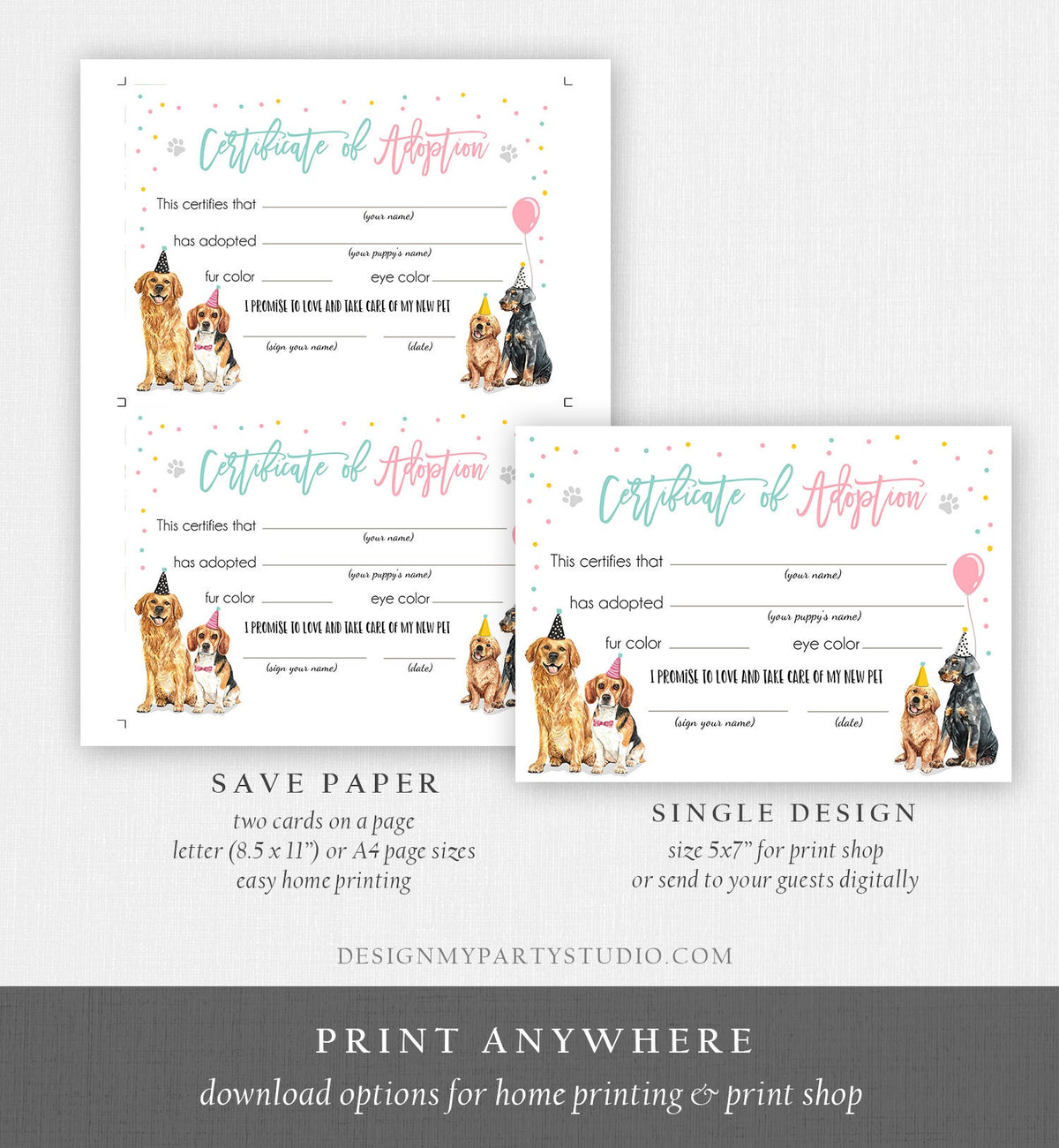 Pet Adoption Certificate Puppy Adoption Dog Birthday Party Adopt A Pet Girl Pink Vet Puppy Adoption Instant Download Digital Printable 0384