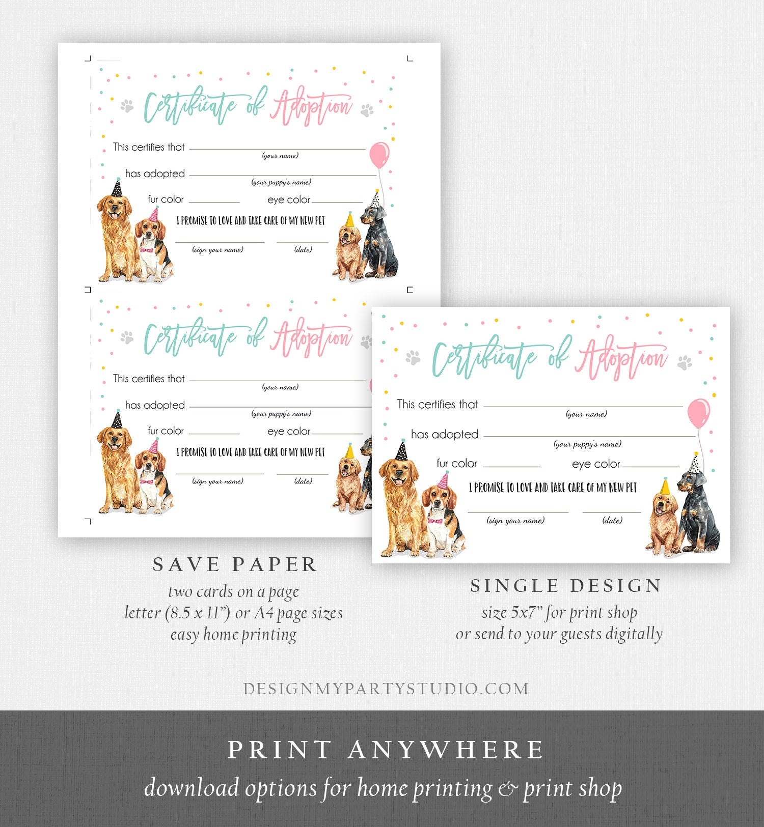 Pet Adoption Certificate Puppy Adoption Dog Birthday Party Adopt A Pet Girl Pink Vet Puppy Adoption Instant Download Digital Printable 0384