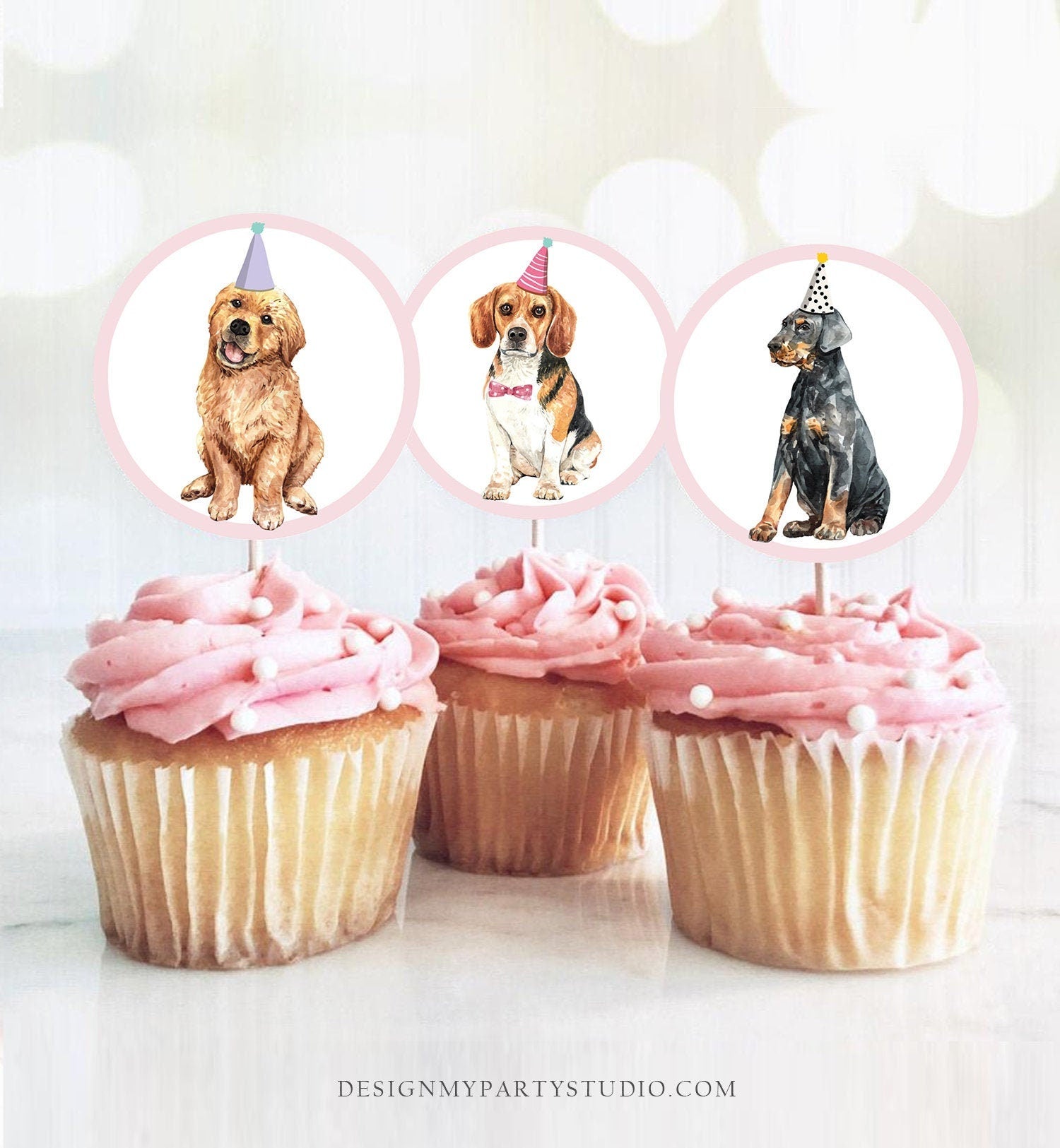Puppy Dog Cupcake Toppers Puppy Favor Tags Puppy Birthday Dog Pink Girl Pet Birthday Party Pup Puppies Decor Download Digital PRINTABLE 0384