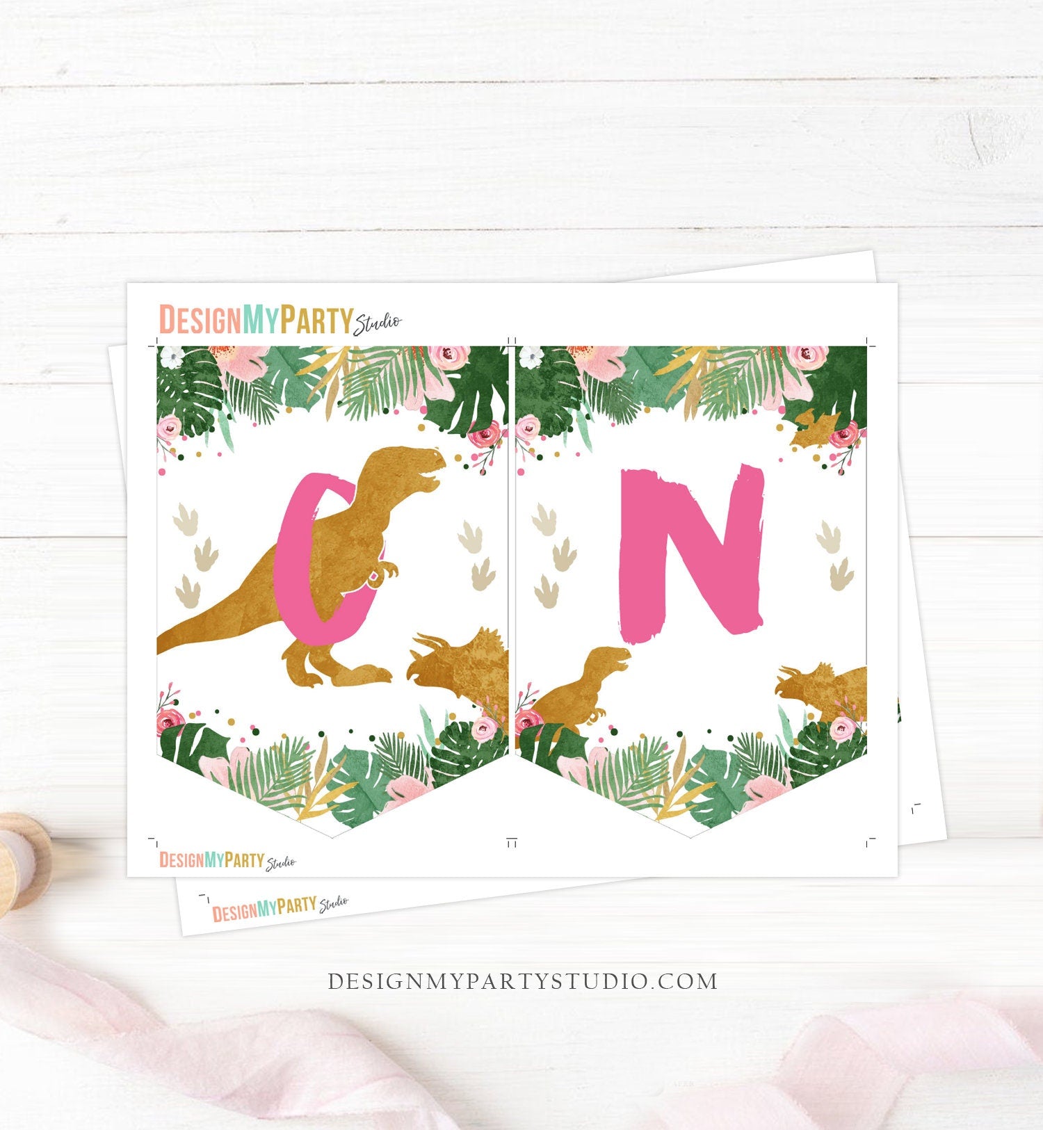ONE Dinosaur High Chair Banner Dinosaur Girl 1st First Birthday High Chair Pink Dino Party T-Rex Decor Digital Download Printable 0146