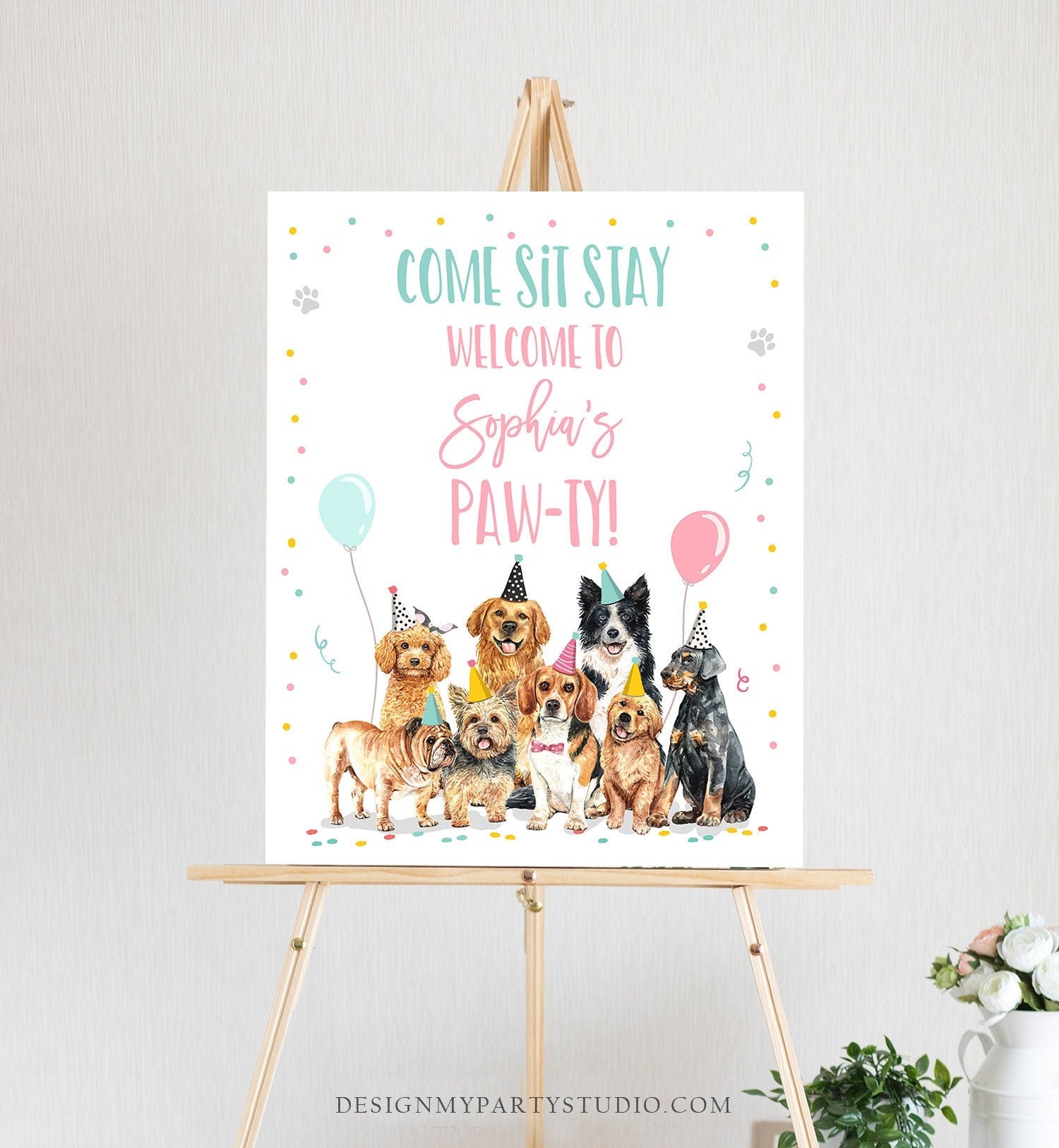 Editable Puppy Dog Birthday Party Welcome Sign Puppy Birthday Pink Pet Dog Birthday Come Sit Stay Paw-ty Girl Template Corjl PRINTABLE 0384