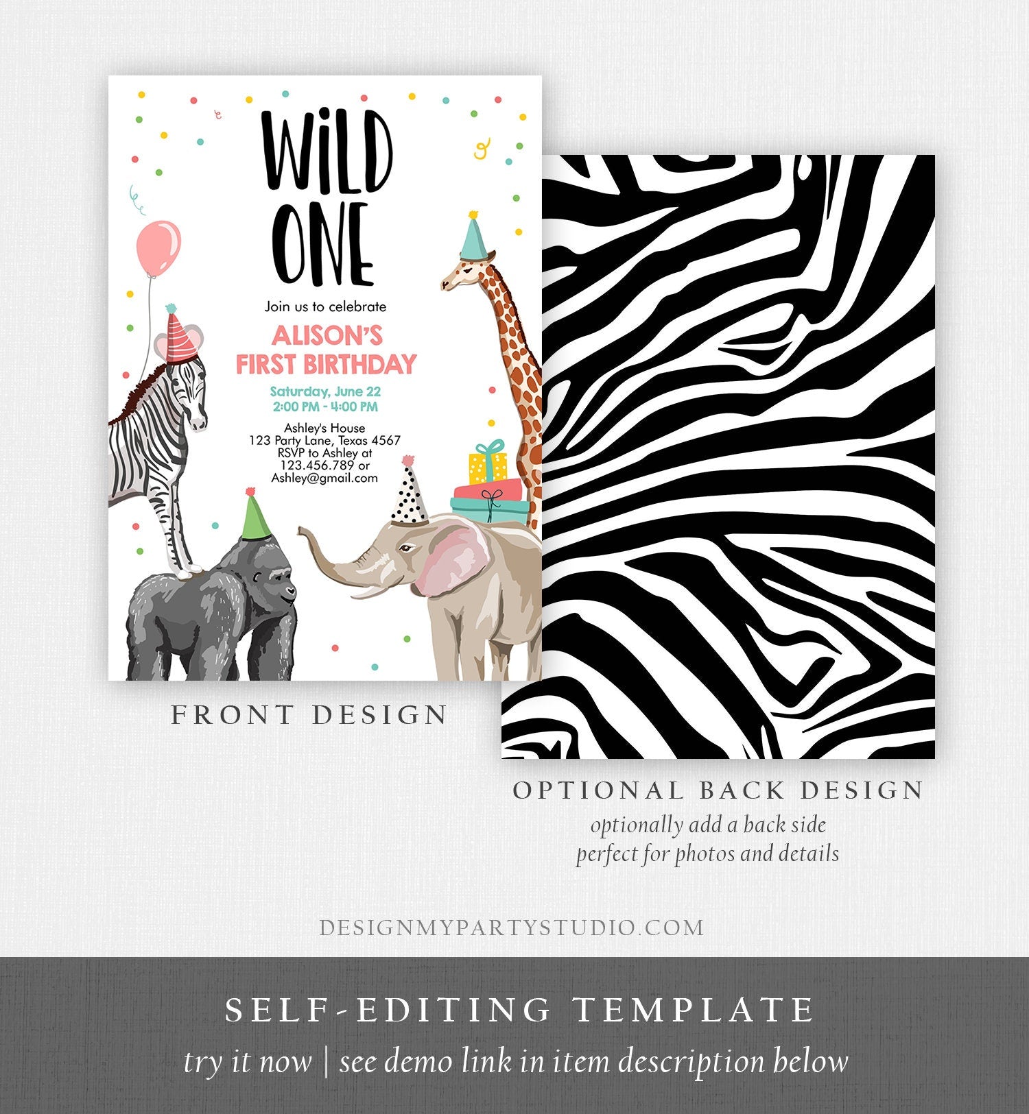 Editable Party Animals Birthday Invitation Wild One Animals Invitation 1st Zoo Safari Animals Girl Download Printable Template Evite 0142