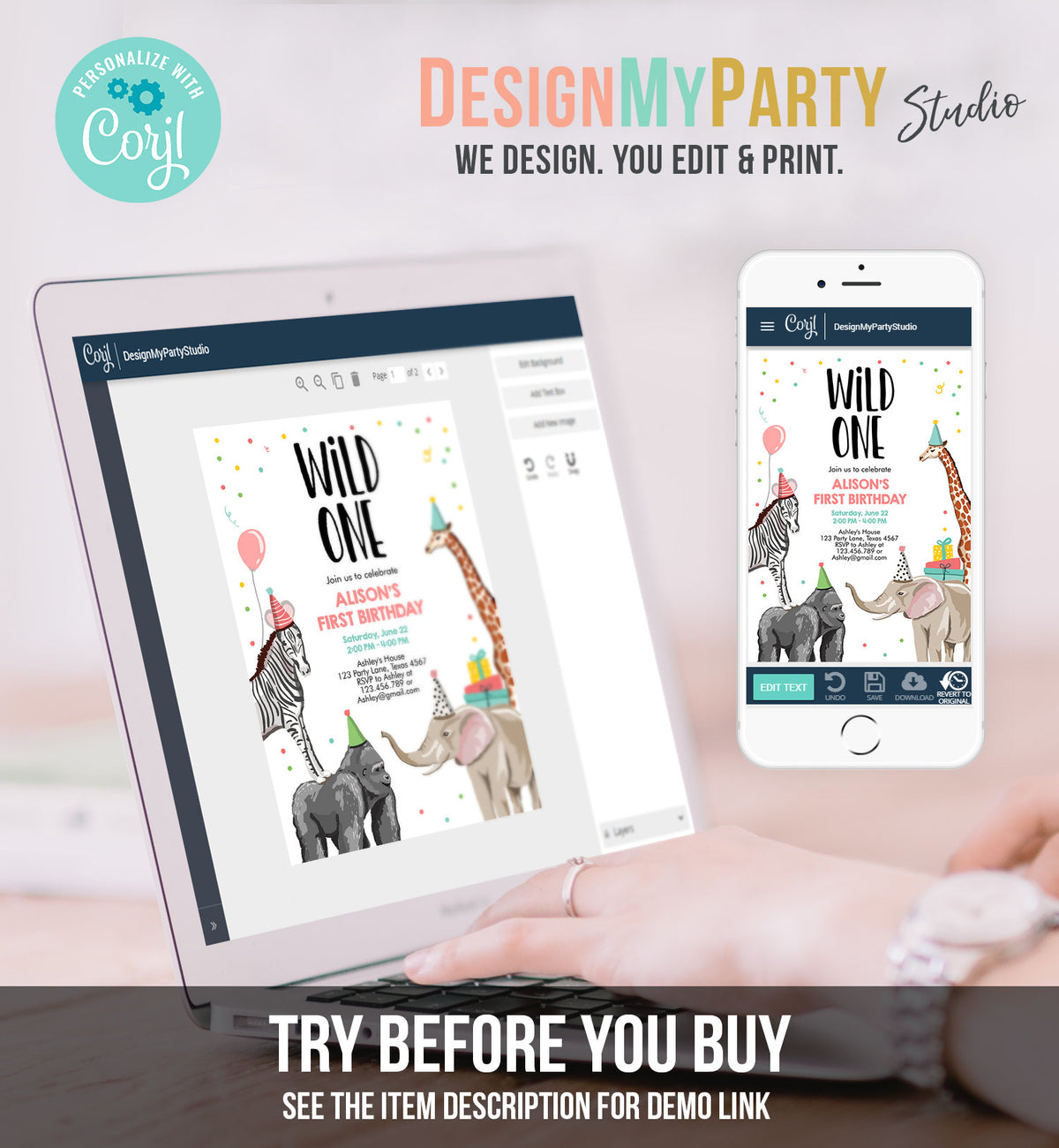 Editable Party Animals Birthday Invitation Wild One Animals Invitation 1st Zoo Safari Animals Girl Download Printable Template Evite 0142