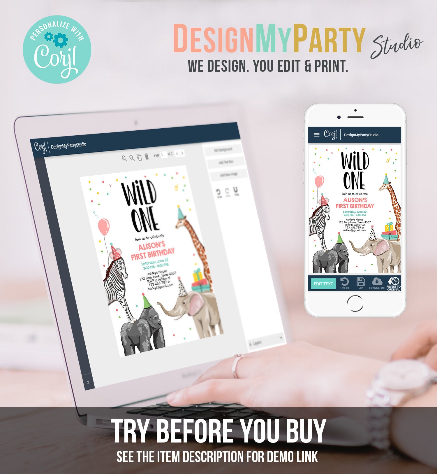 Editable Party Animals Birthday Invitation Wild One Animals Invitation 1st Zoo Safari Animals Girl Download Printable Template Evite 0142