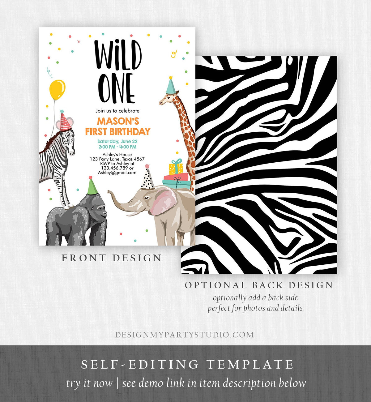 Editable Party Animals Birthday Invitation Wild One Animals Invitation 1st Zoo Safari Animals Boy Download Printable Template Corjl 0142