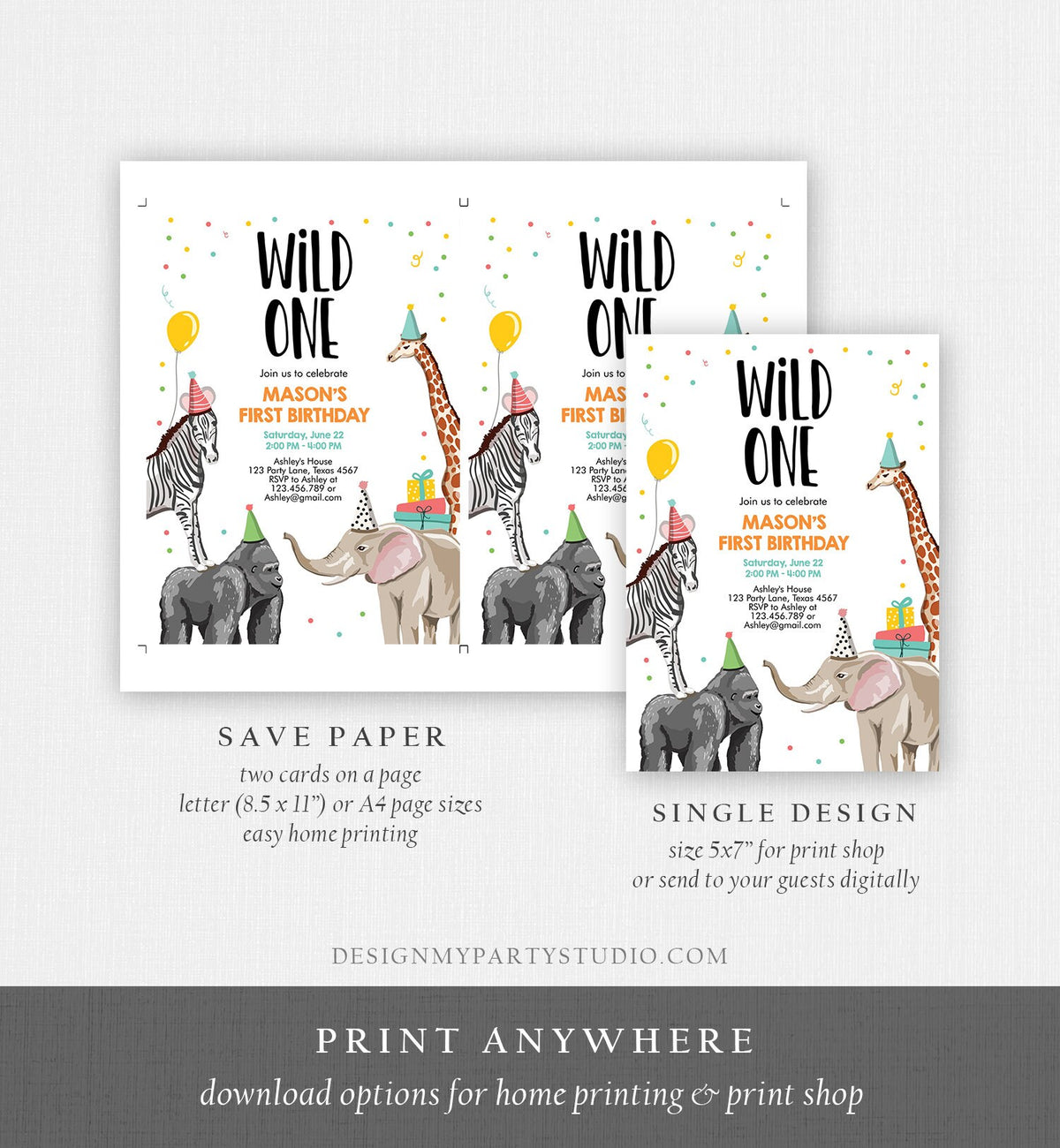 Editable Party Animals Birthday Invitation Wild One Animals Invitation 1st Zoo Safari Animals Boy Download Printable Template Corjl 0142