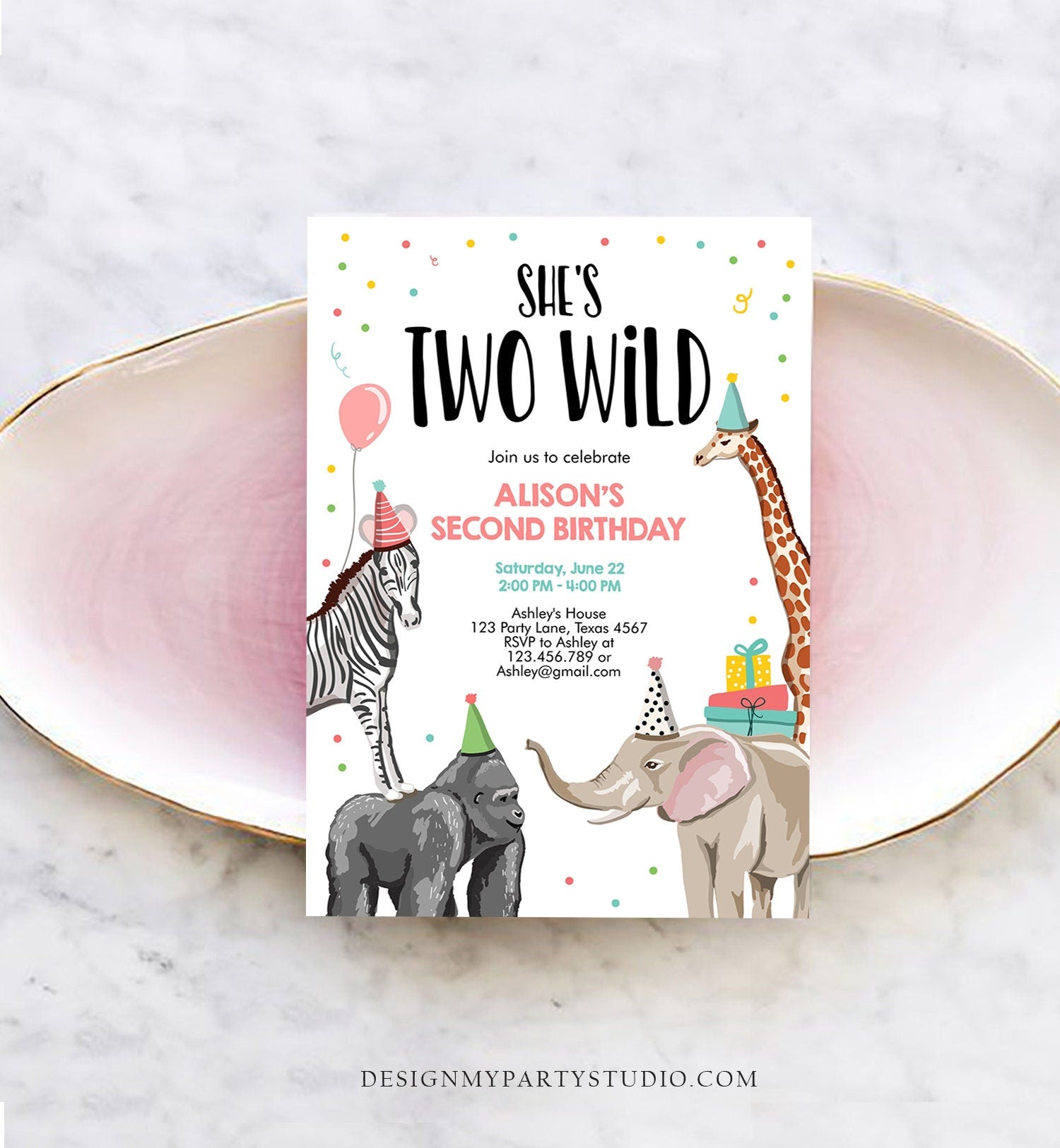 Editable Birthday Invitation Girl Two Wild Animals Invite Pink Safari Animals Zoo Instant Download Printable Template Digital Corjl 0142