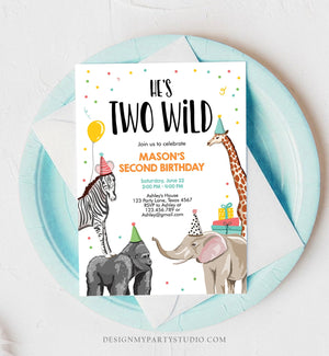 Editable Two Wild Birthday Invitation Safari Animals Party Jungle Zoo Animals Boy Party Animals Download Printable Corjl Template 0142