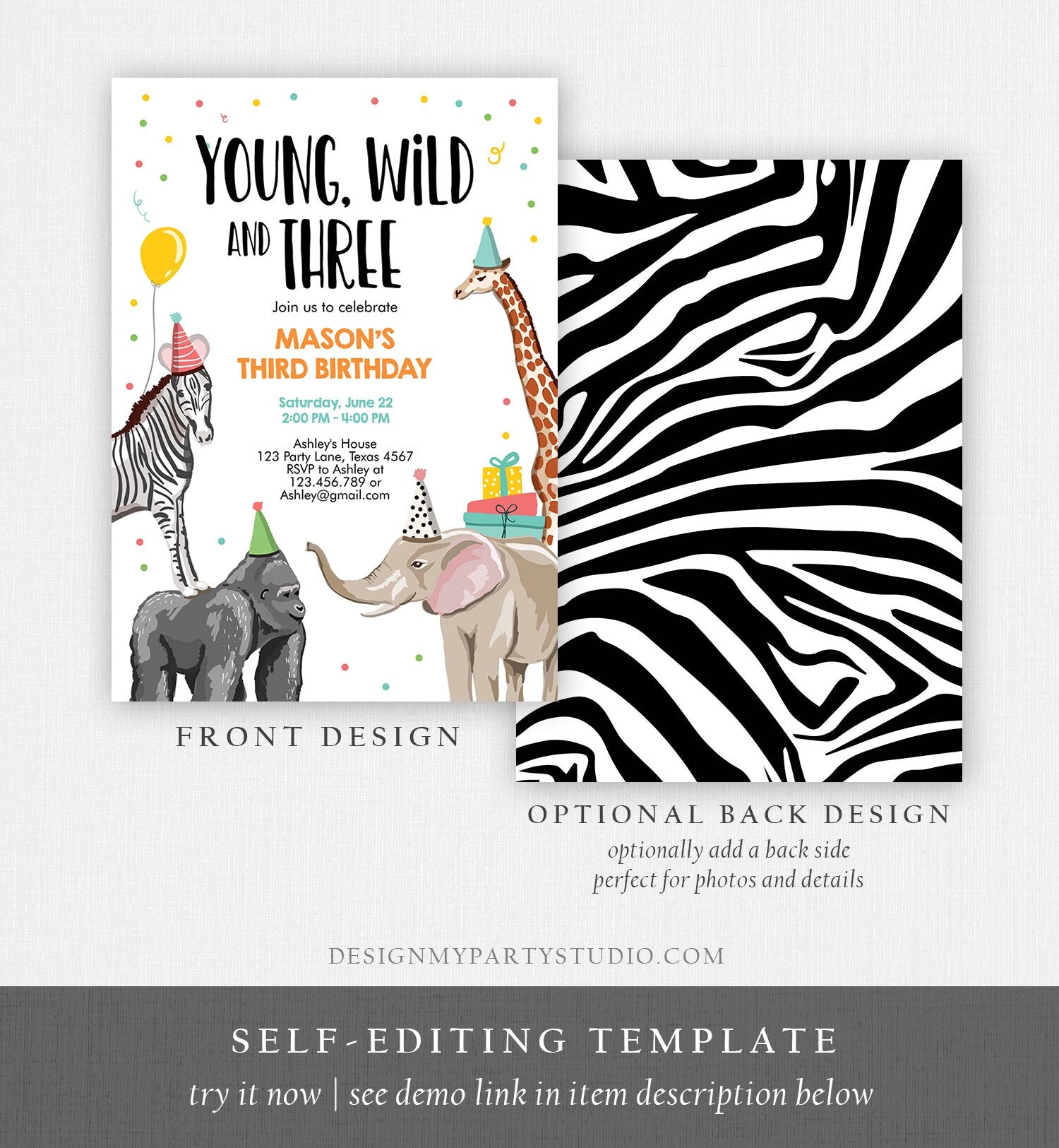 Editable Young Wild and Three Birthday Invitation Animals Invite Party Jungle Safari Boy 3rd Three Download Printable Template Corjl 0142