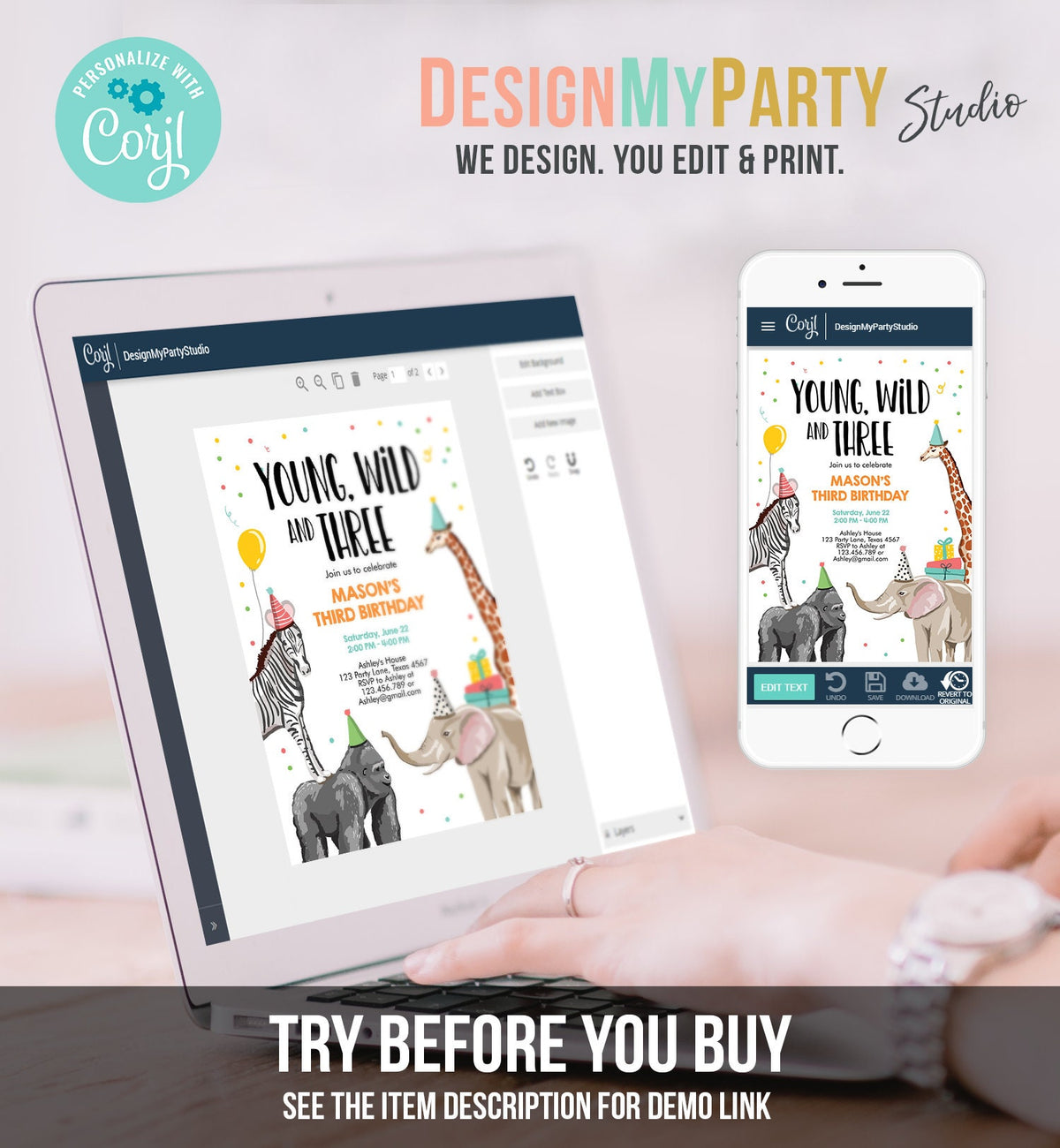 Editable Young Wild and Three Birthday Invitation Animals Invite Party Jungle Safari Boy 3rd Three Download Printable Template Corjl 0142