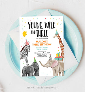 Editable Young Wild and Three Birthday Invitation Animals Invite Party Jungle Safari Boy 3rd Three Download Printable Template Corjl 0142