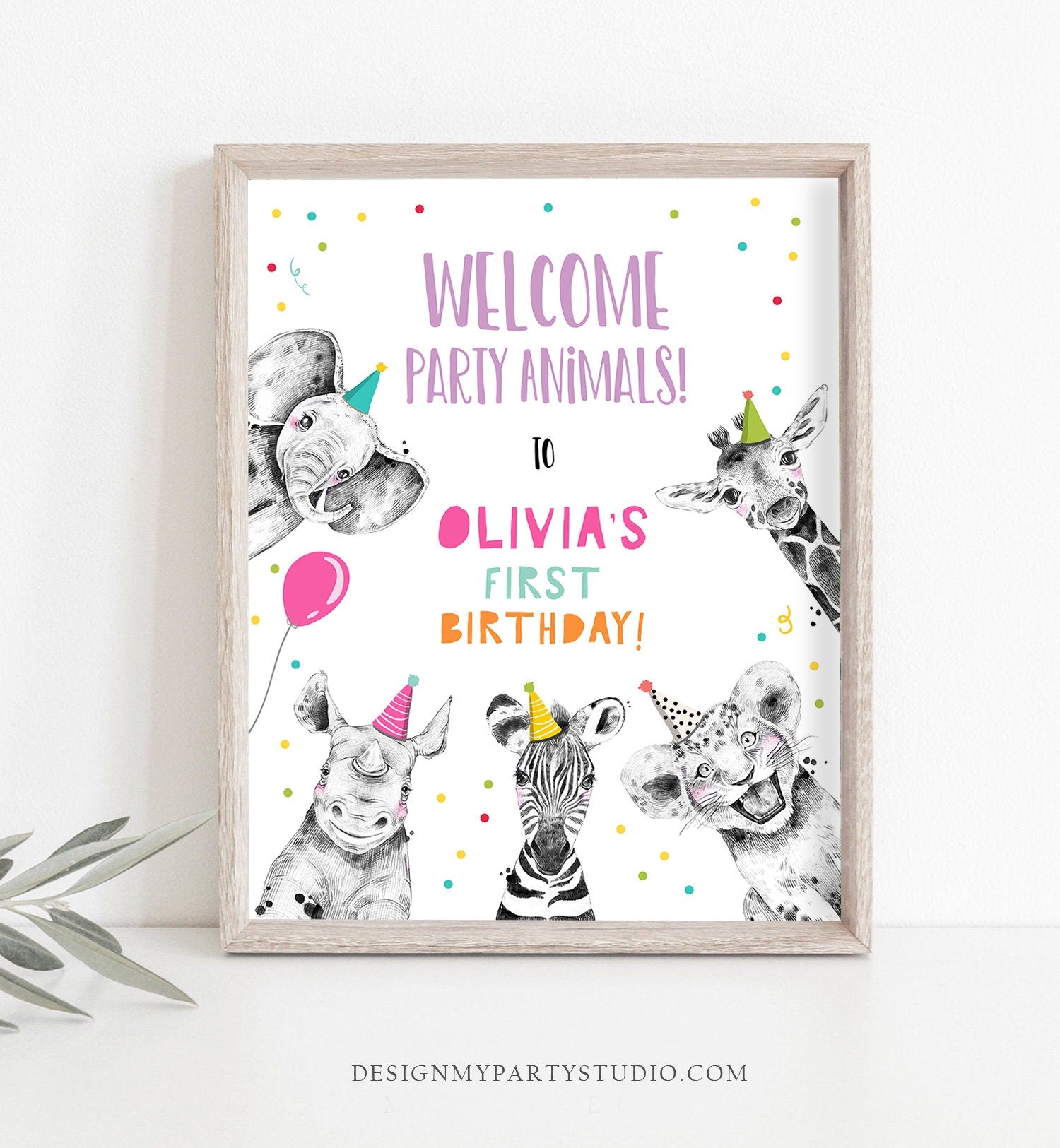 Editable Party Animals Welcome Sign Party Animal Sign Zoo Safari Welcome Jungle Sign Birthday Animals Girl Template PRINTABLE Corjl 0390