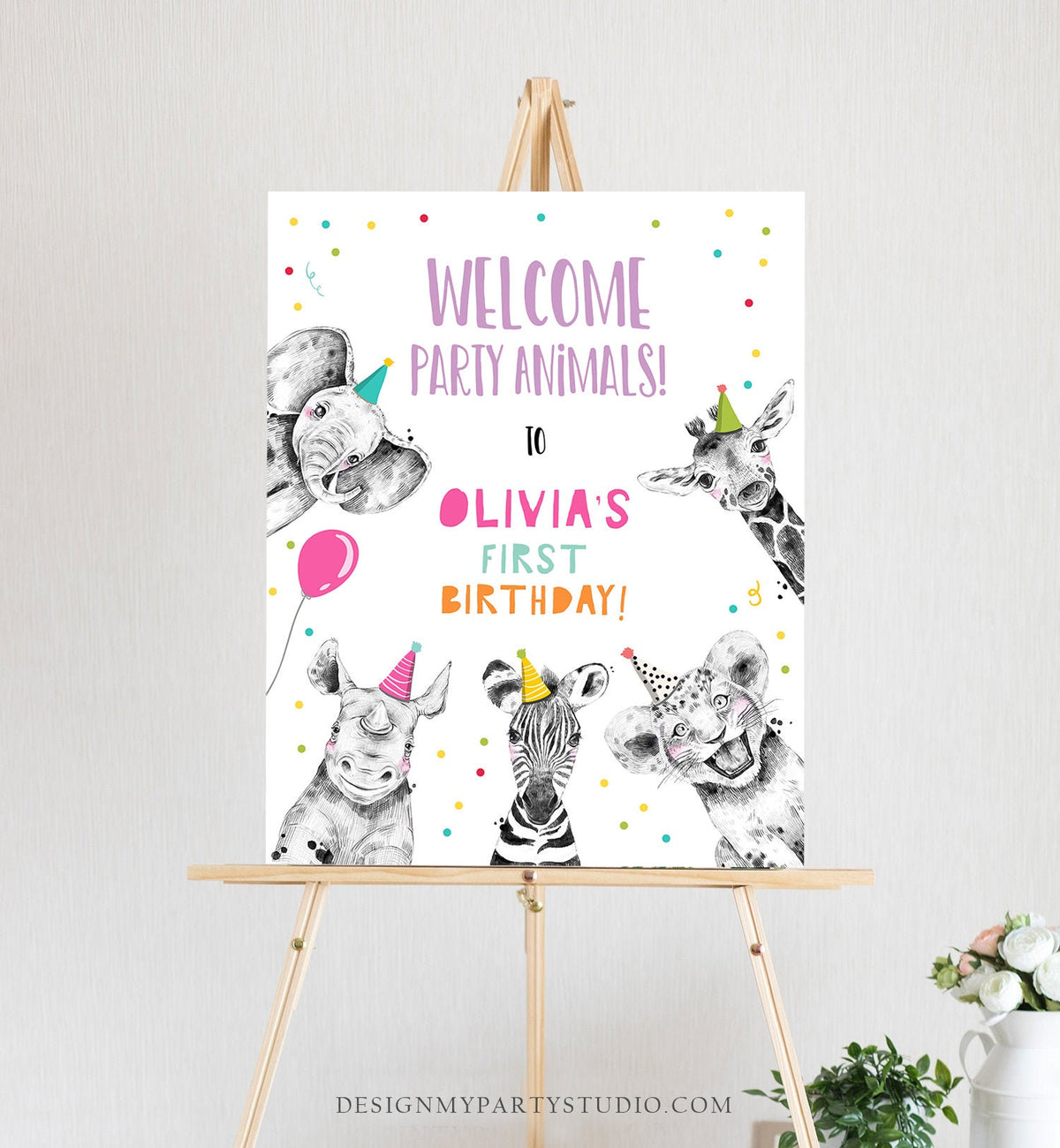 Editable Party Animals Welcome Sign Party Animal Sign Zoo Safari Welcome Jungle Sign Birthday Animals Girl Template PRINTABLE Corjl 0390